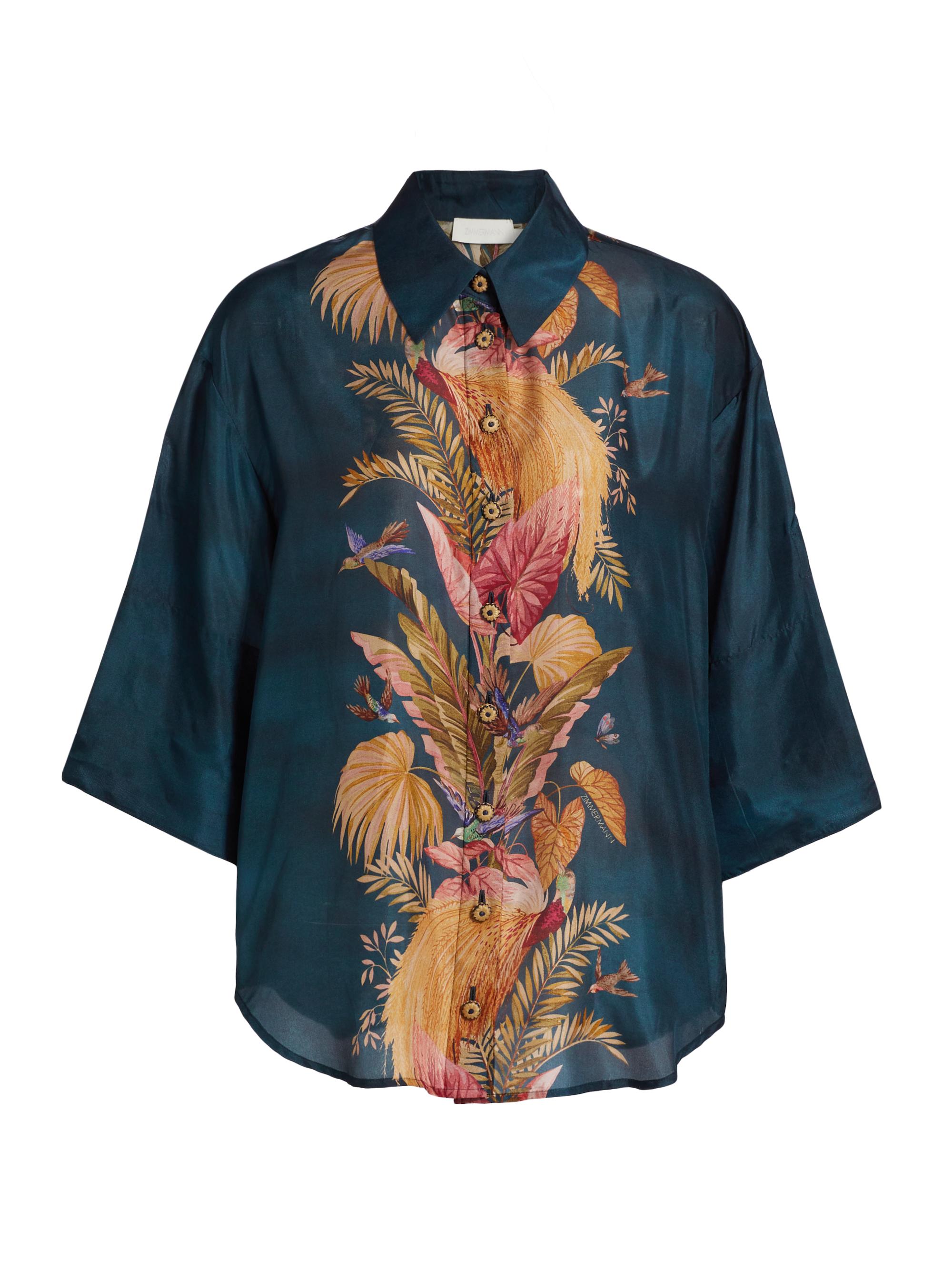 Zimmermann Women's Ascension Leaf Print Silk Relaxed Shirt - Dark Blue Palm Floral