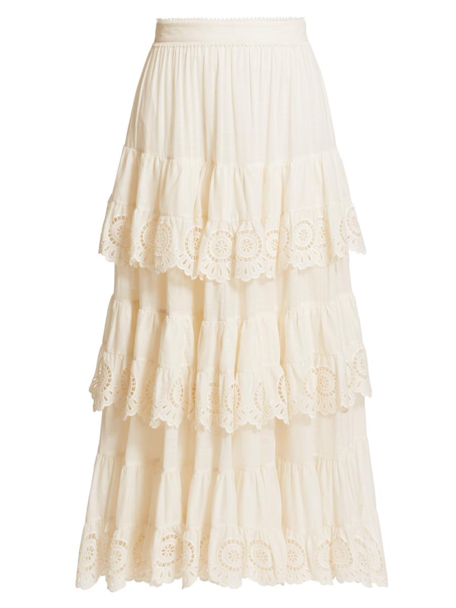 Zimmermann Lucky Embroidered Tiered Cotton Midi-Skirt | Saks Fifth