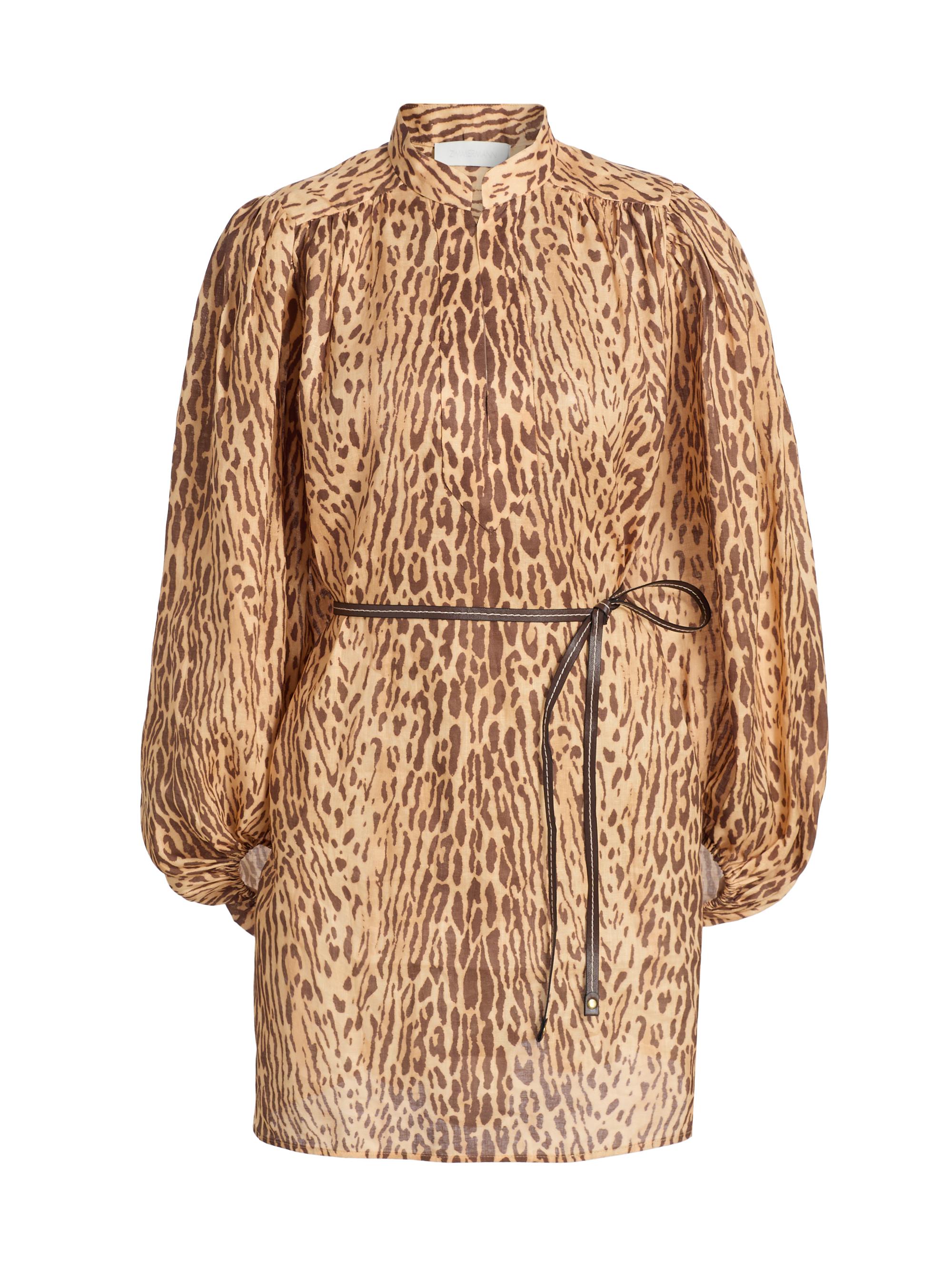 Women’s Cascadian Leopard Linen Tunic Dress – Tan Leopard – Size 2