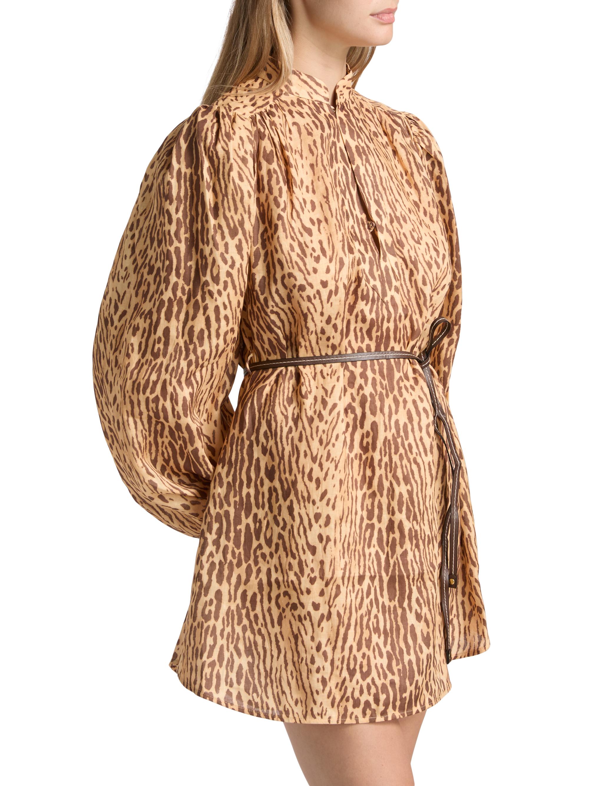 beige brown leopard print dress with sleeves Brown / S Brown Animal Print Midi Dress for Women main image 1