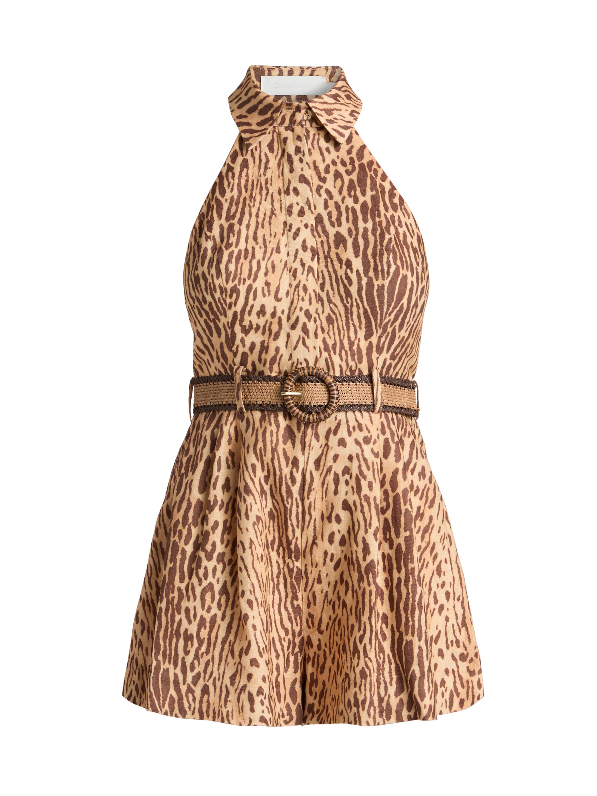 Zimmermann Women's Cascadian Leopard Linen Halterneck Romper - Tan Leopard