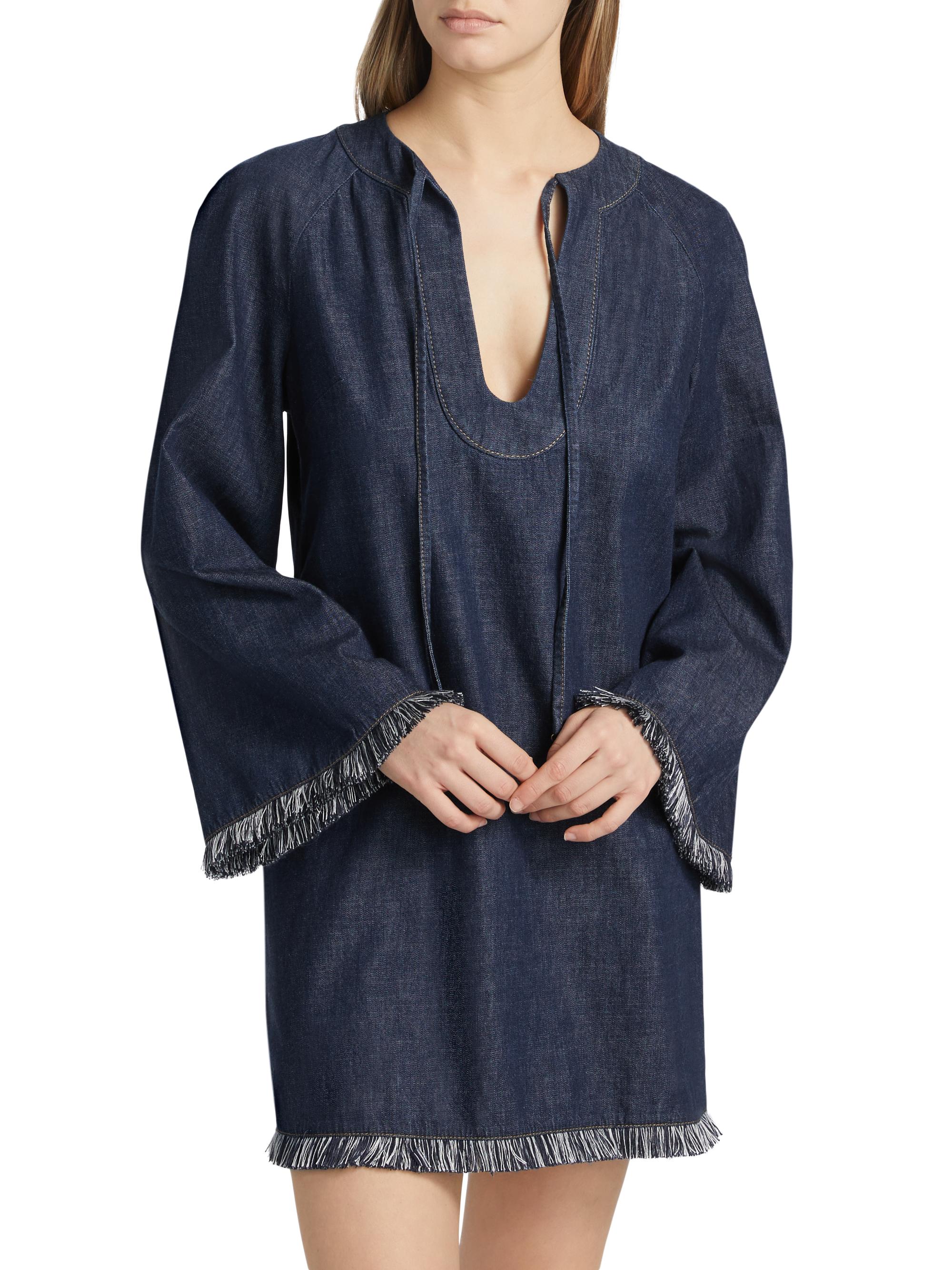 fringe trim button front denim dress Coco Denim Dress with Fringe and Gold Buttons S