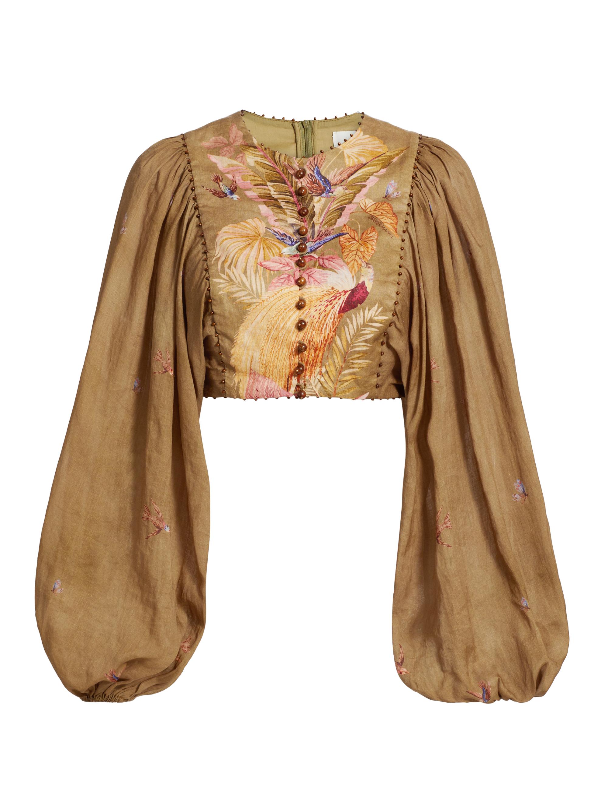 Zimmermann Women's Ascension Printed Beaded Crop Top - Khaki Palm Floral