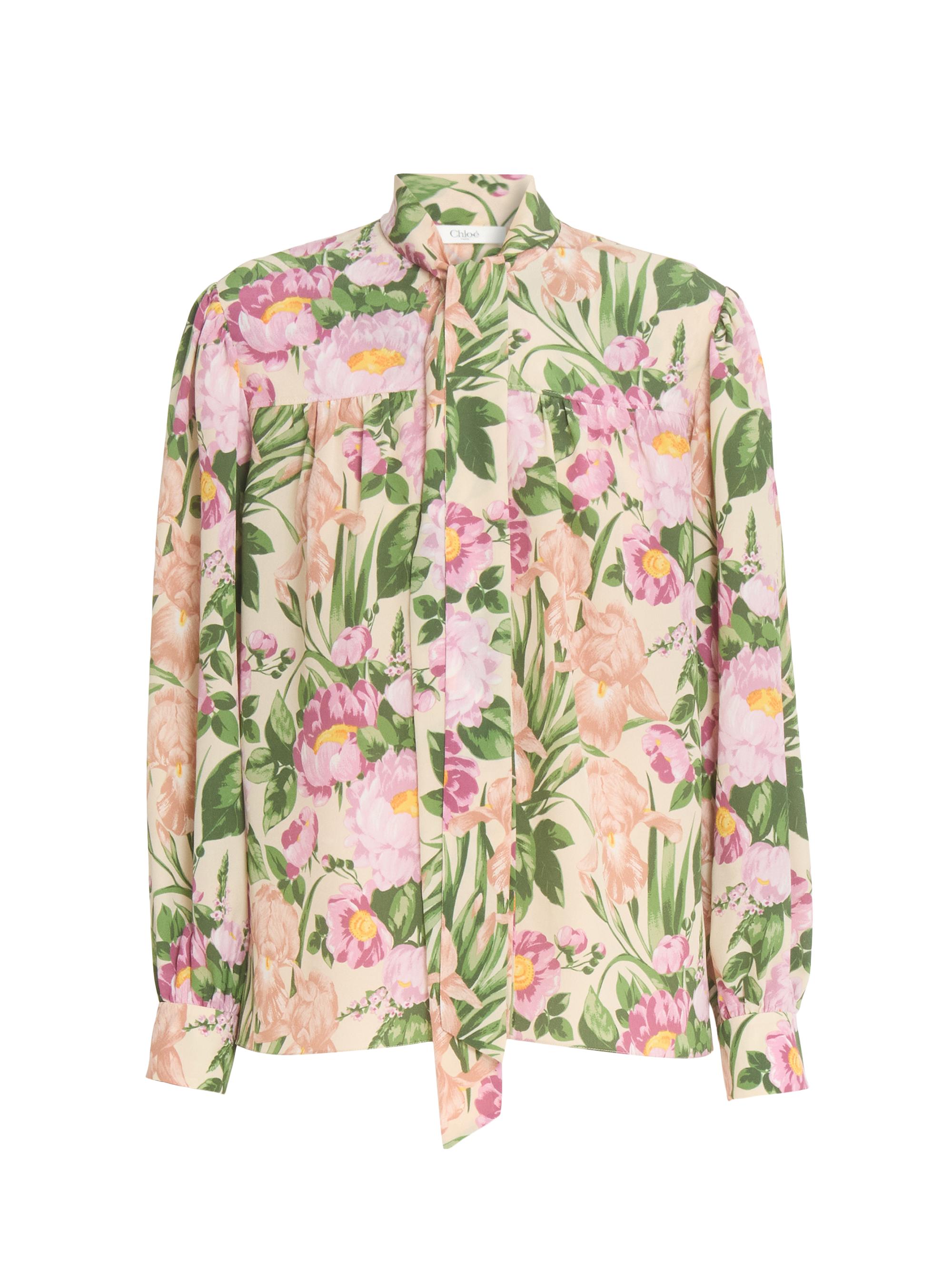 Chloé Women's Floral Silk Tieneck Shirt - Macadamia Brown