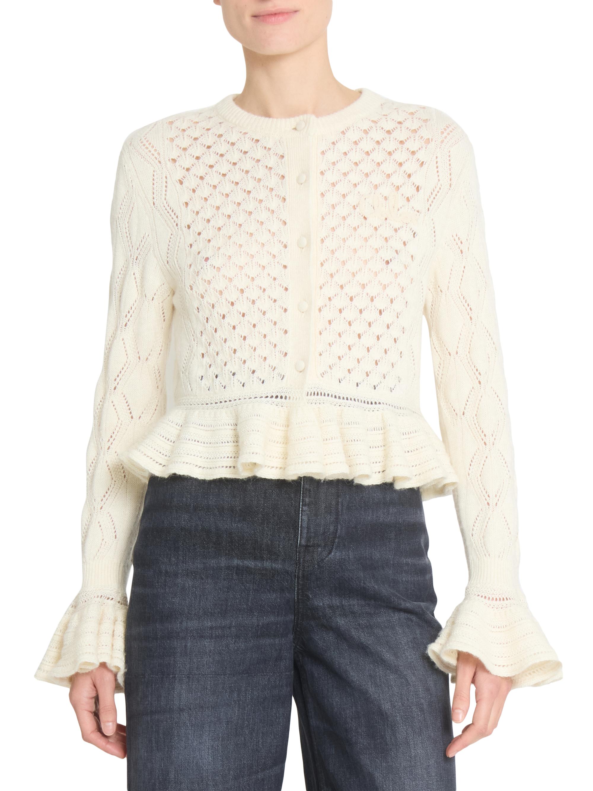 Chloé Pointelle Cotton-Wool Peplum Cardigan | Saks Fifth Avenue