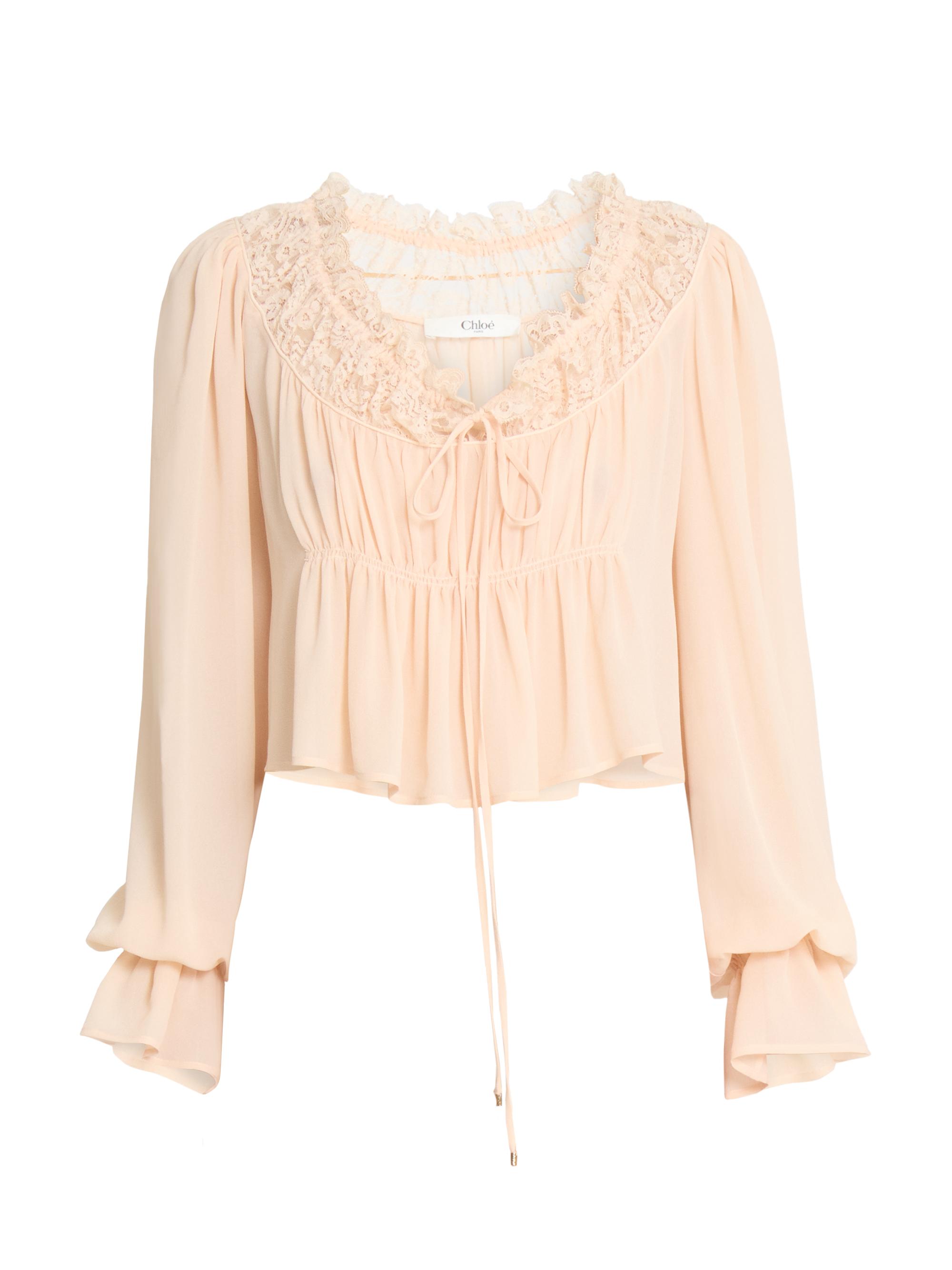 Chloé Women's Cropped Silk Lace-Trim Blouse - Apricot Pink
