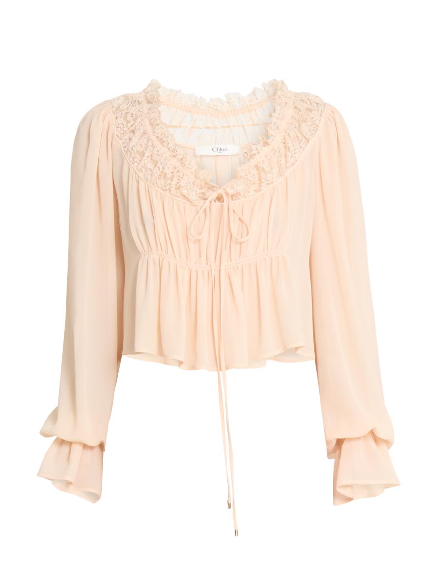 Chloé Women's Cropped Silk Lace-trim Blouse In Pink