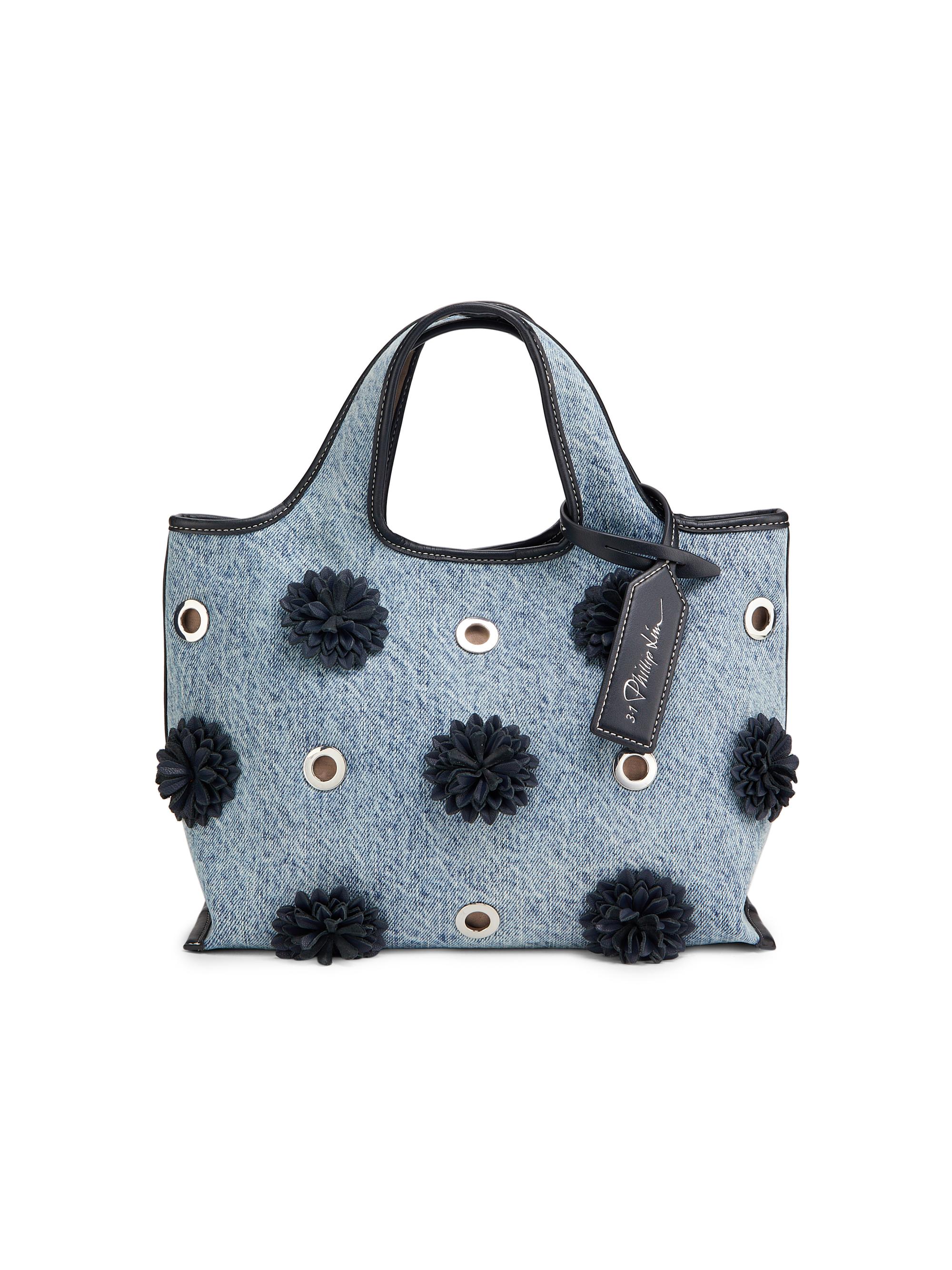 3.1 Phillip Lim Women's Mini Floral-Appliqué Denim Shopper Tote Bag - Washed Indigo