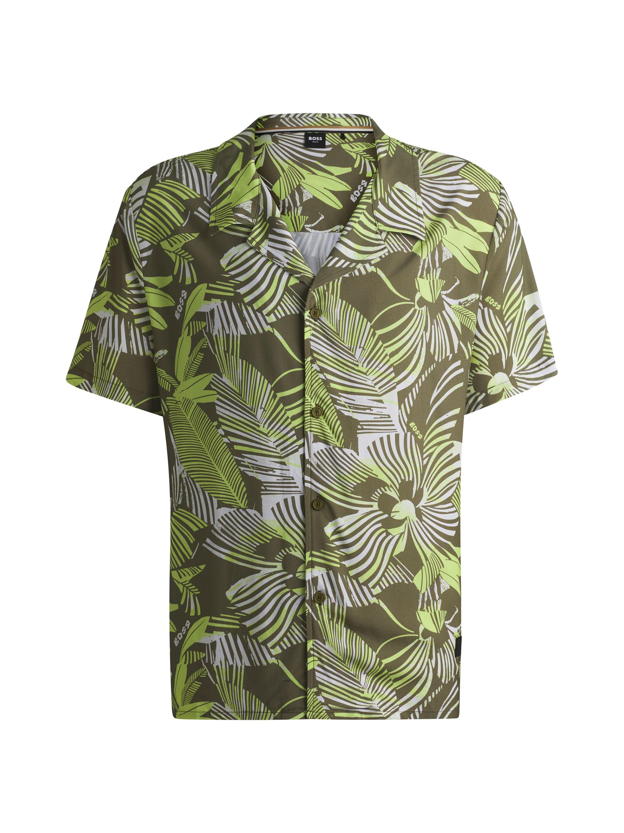 BOSS Men's Regular-Fit Beach Shirt with All-Over Print - Orange