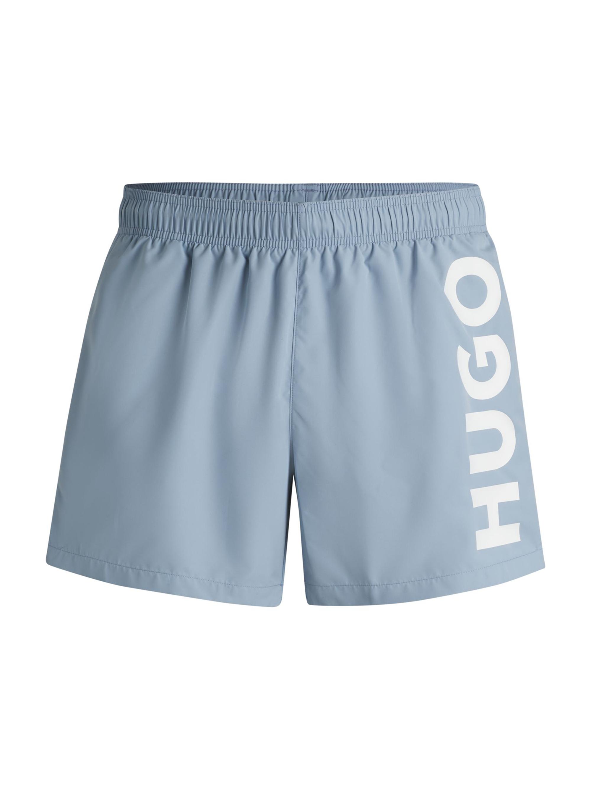 HUGO Men's Quick-Dry Swim Shorts with Vertical Logo Print - Blue