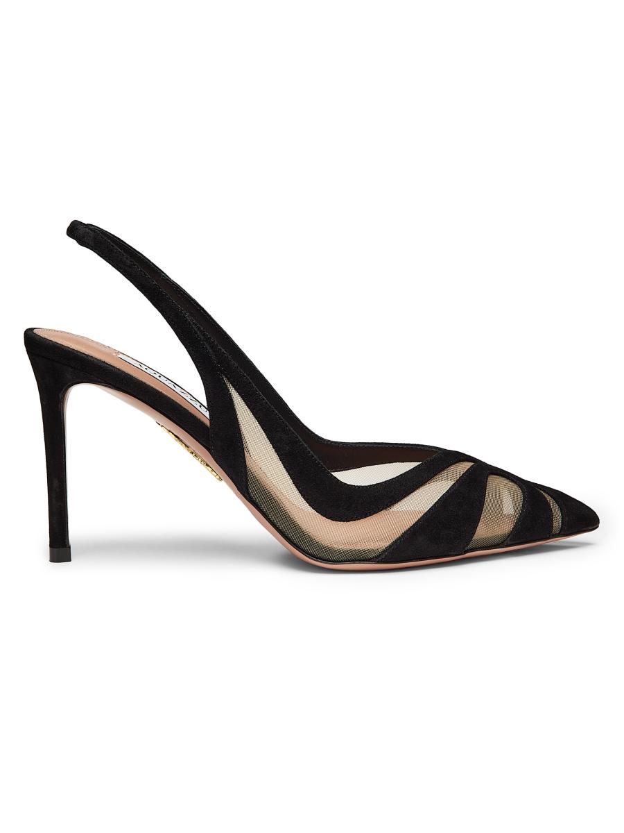 Aquazzura Lune 85MM Suede & Mesh Slingback Pumps | Saks Fifth Avenue
