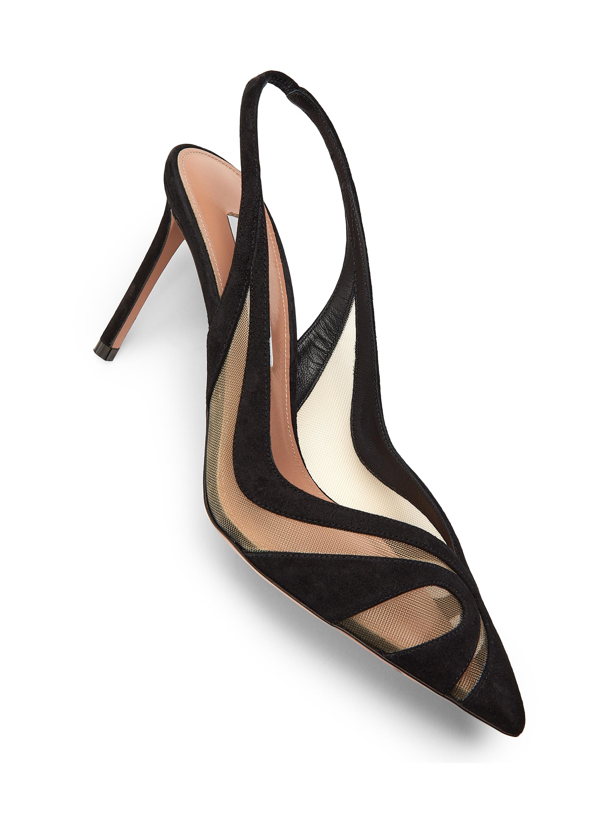 Aquazzura Lune 85MM Suede & Mesh Slingback Pumps | Saks Fifth Avenue