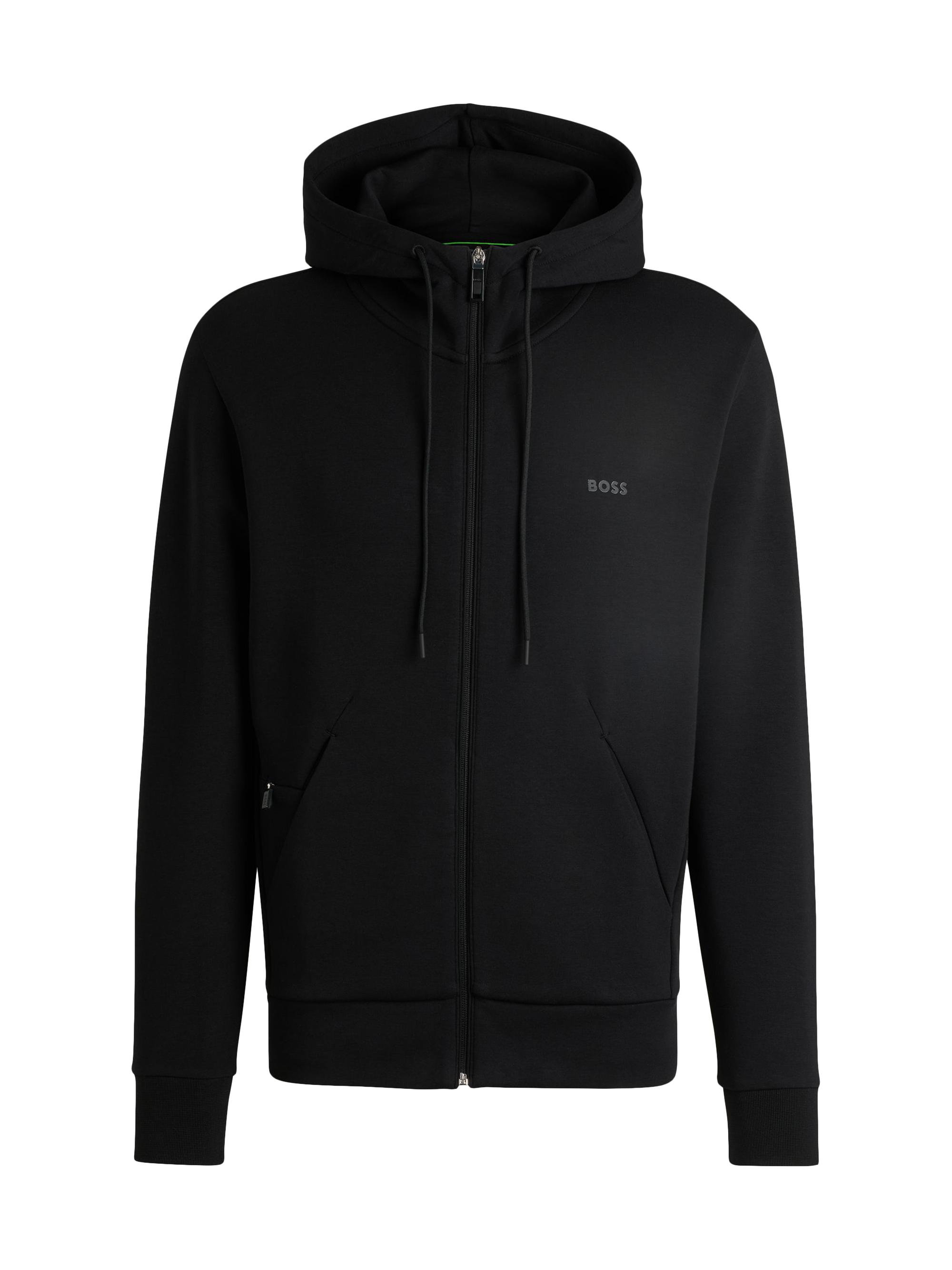BOSS Men's Stretch-Cotton Zip-Up Hoodie with Logo Print - Dark Blue