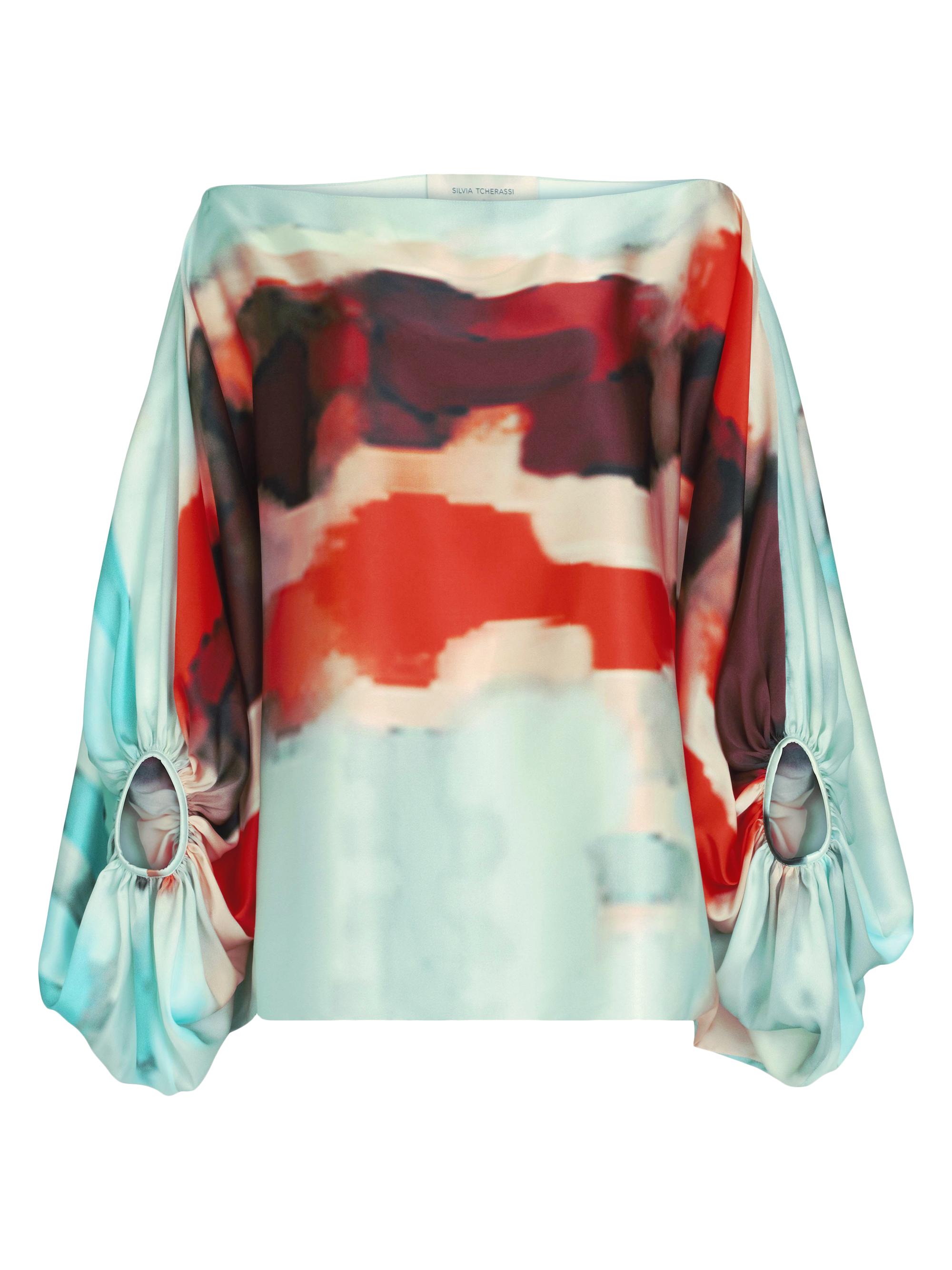 Silvia Tcherassi Women's Bellagio Silk Off-The-Shoulder Blouse - Aqua Watercolor