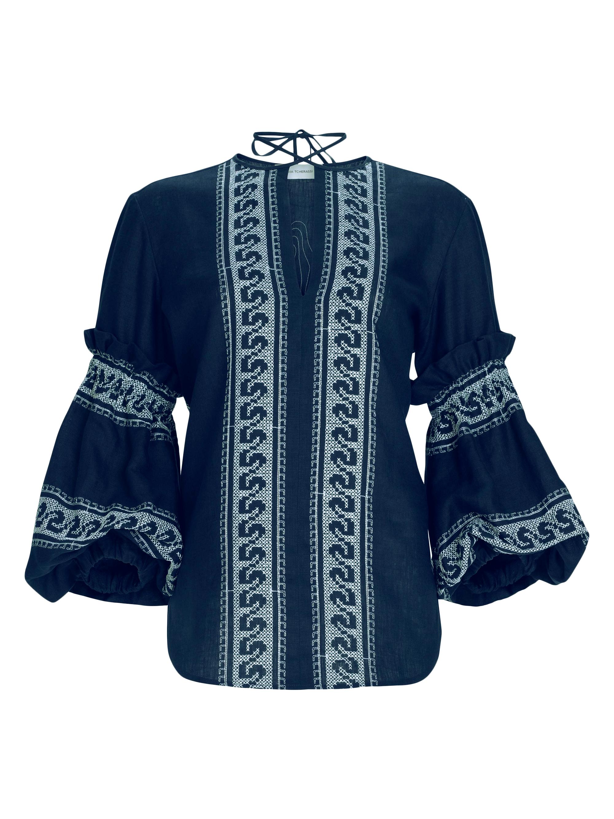 Silvia Tcherassi Women's Lucaya Embroidered Linen Blouse - Navy White Embroidery