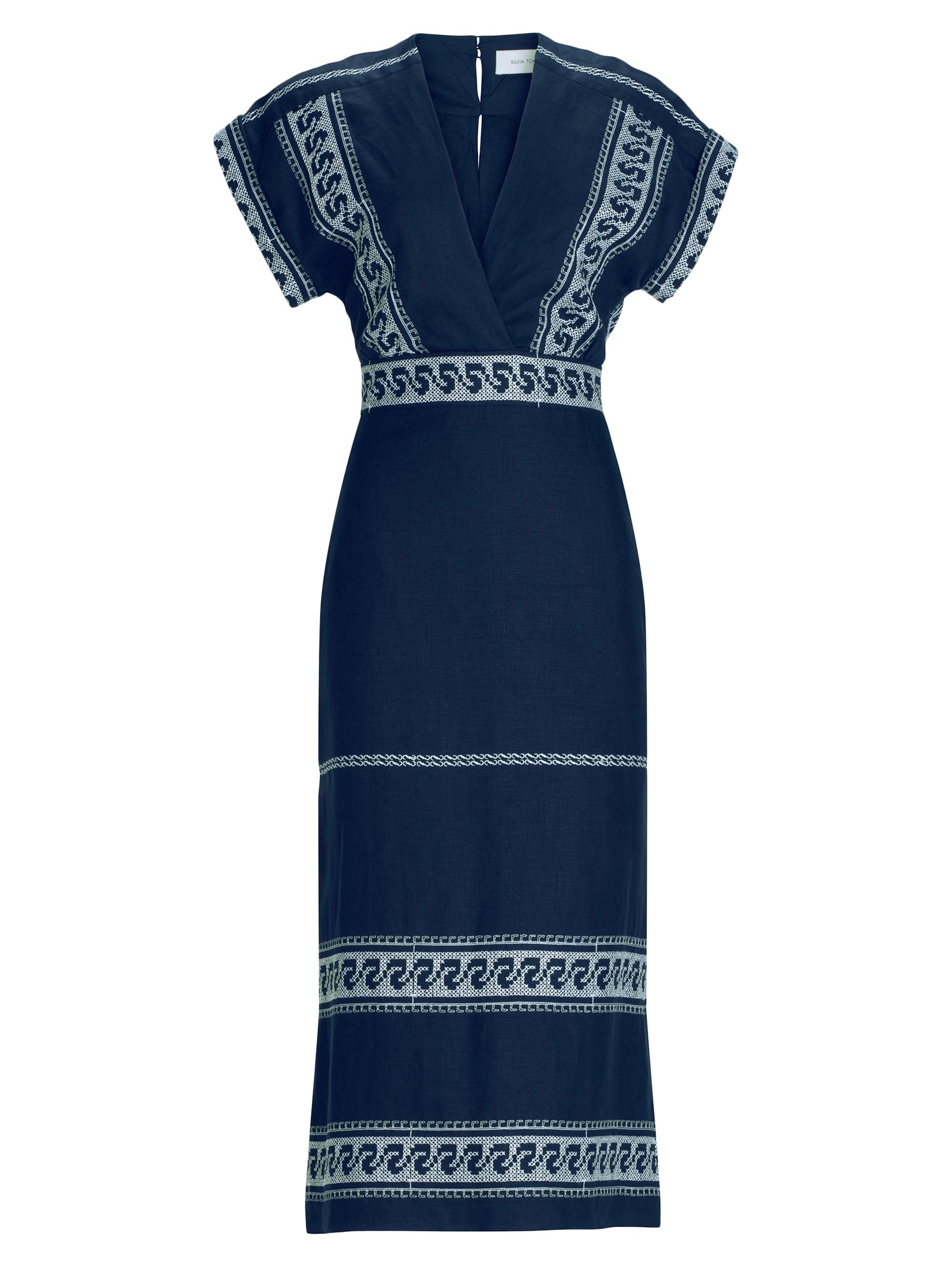 Silvia Tcherassi Women's Ady Linen Blend Midi-Dress - Navy White Embroidery