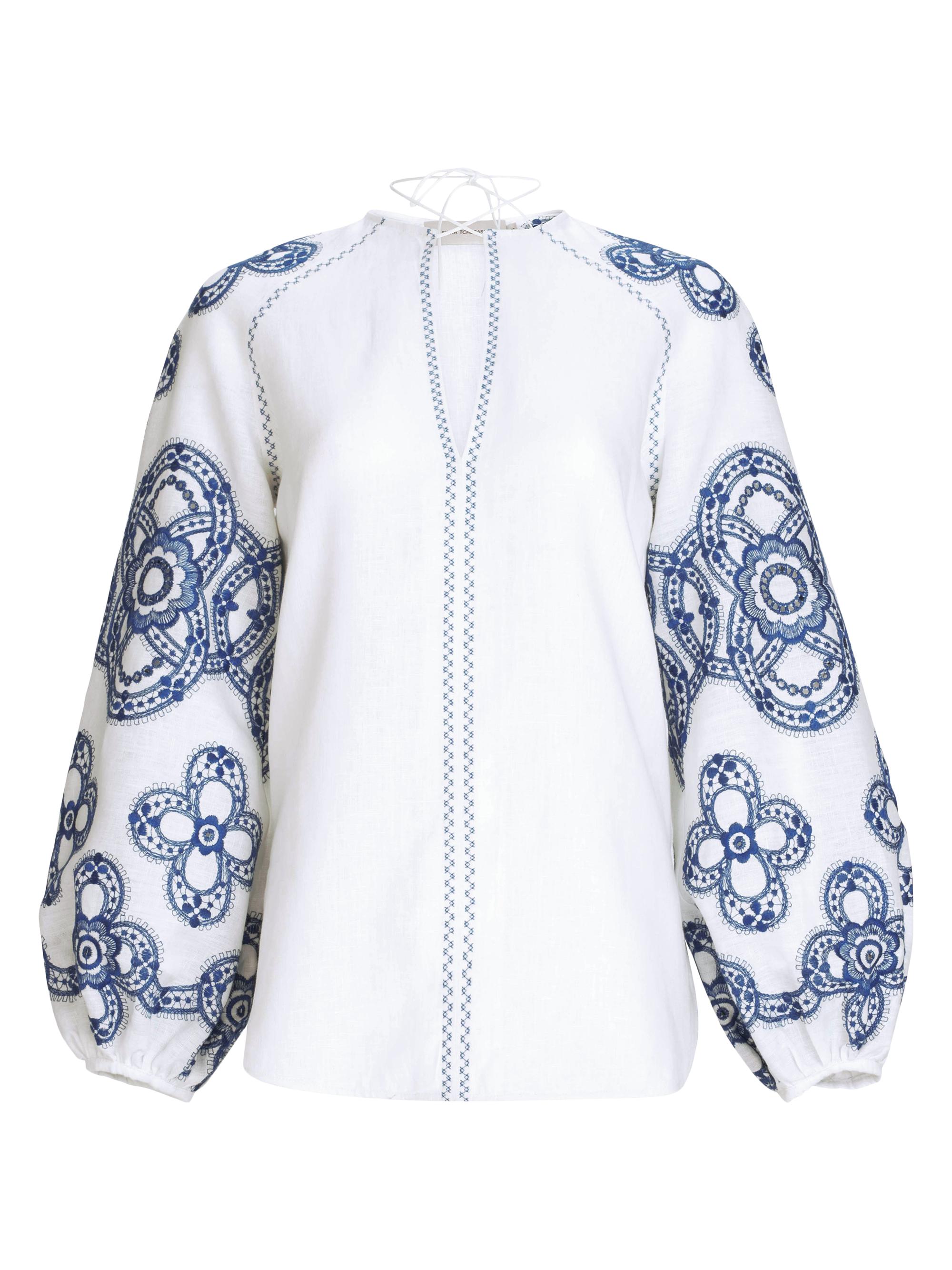 Silvia Tcherassi Women's Molveno Embroidered Linen Blouse - White Navy Embroidery
