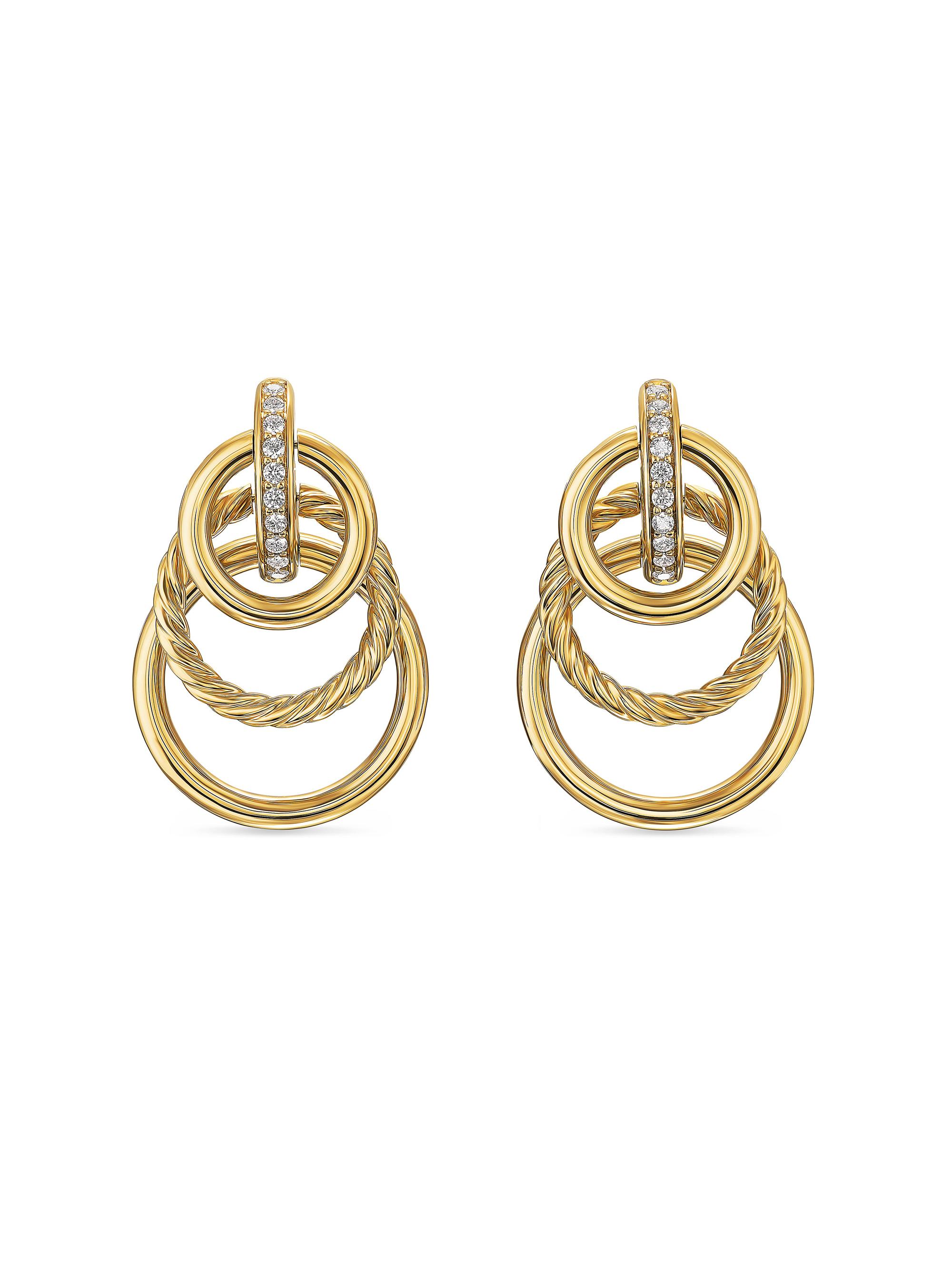 David Yurman Women's DY Mercer Triple Ring Drop Earrings in 18K Yellow Gold with Diamonds, 35.6MM - Gold
