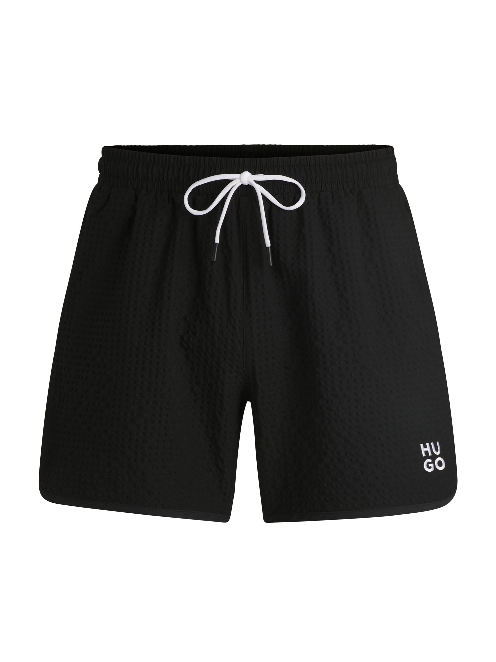 HUGO Men's Waffle-Structured Swim Shorts with Embroidered Stacked Logo - Black
