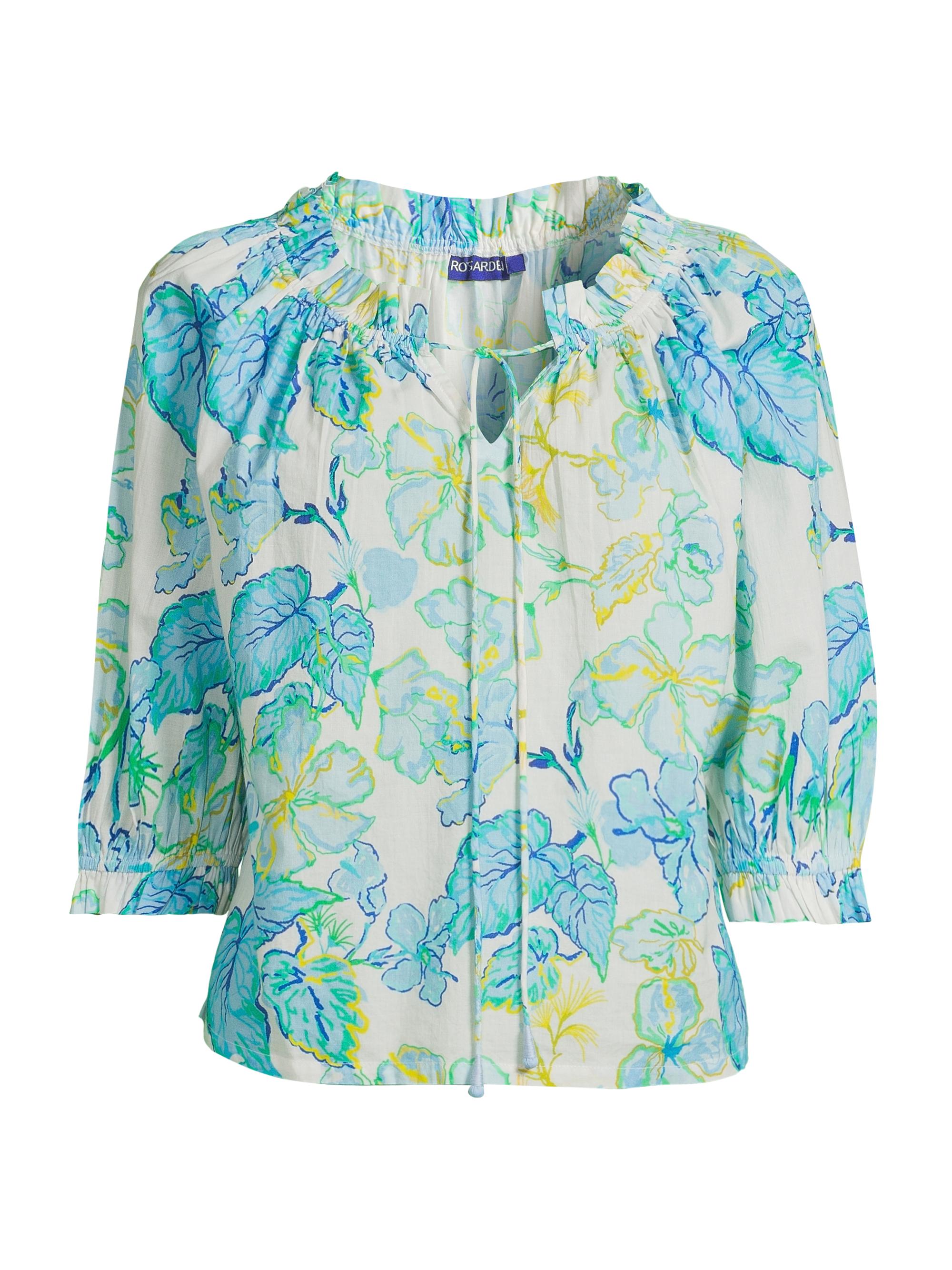 Ro's Garden Women's Havana Leaf Print Cotton Top - Light Blue Micaela
