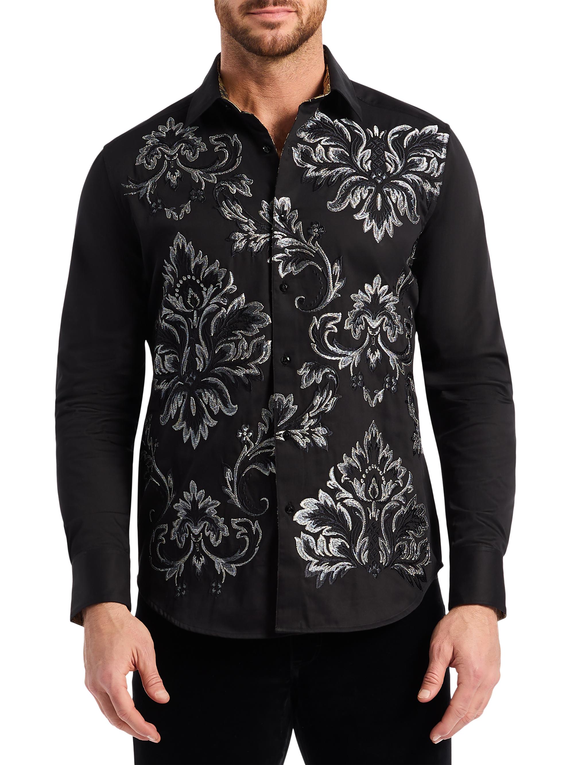 Robert Graham Men's Cheetah Embroidered Damask Button-Front Shirt - Black