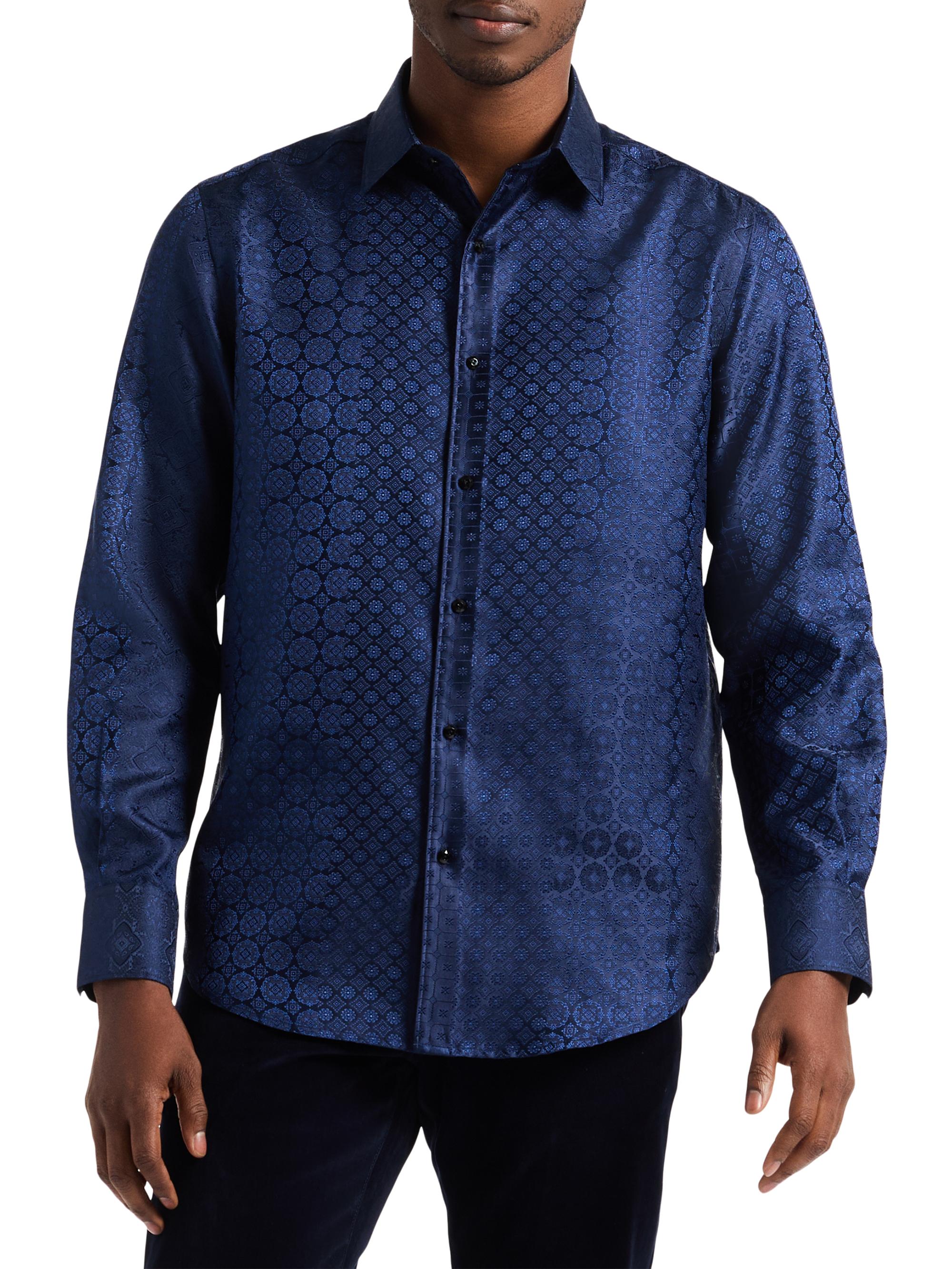 Robert Graham Men's Silk-Blend Tile Jacquard Button-Front Shirt - Navy