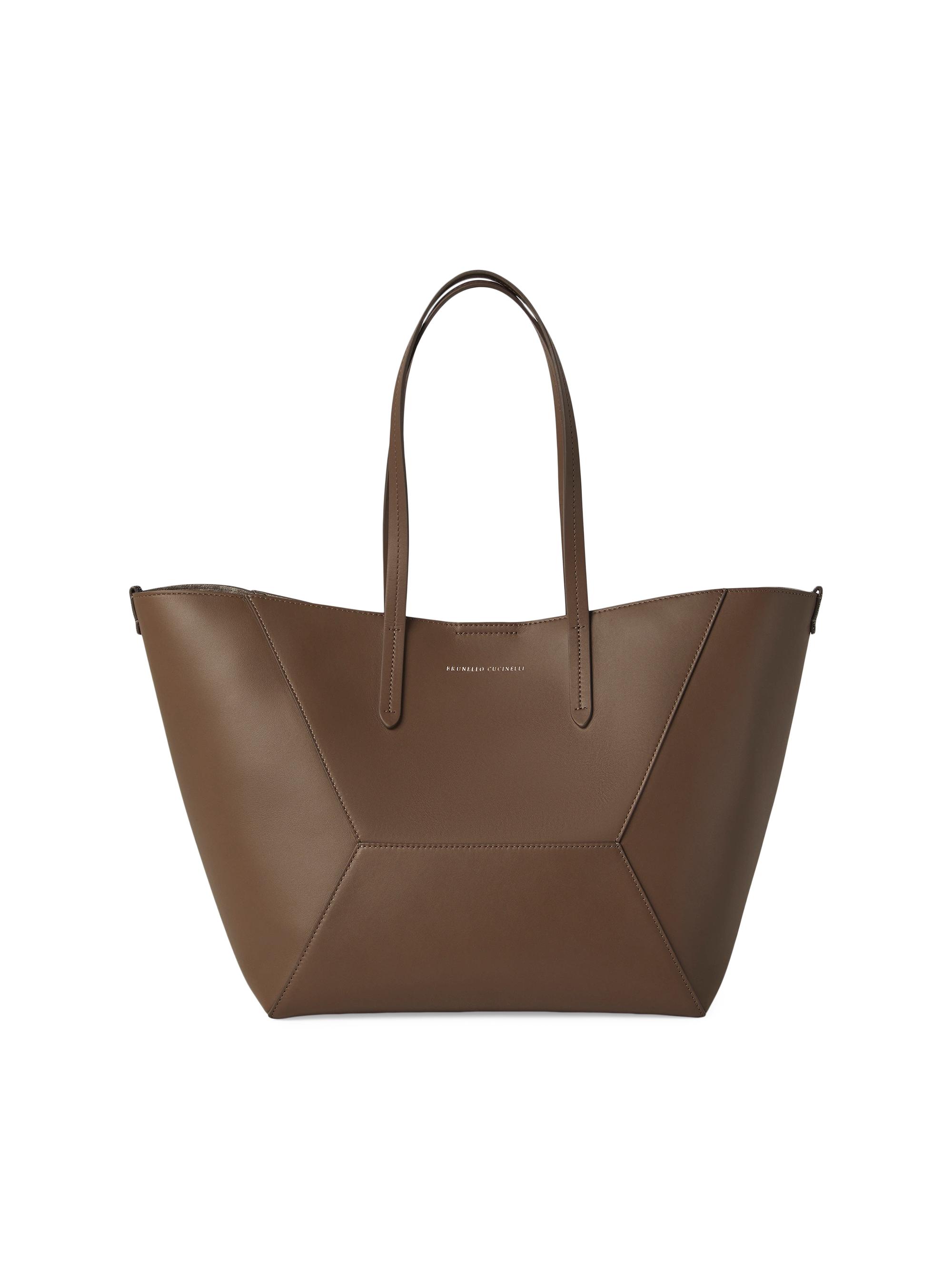 Brunello Cucinelli Women's Duo Tote Bag in Calfskin with Monili - Brown Gianduia
