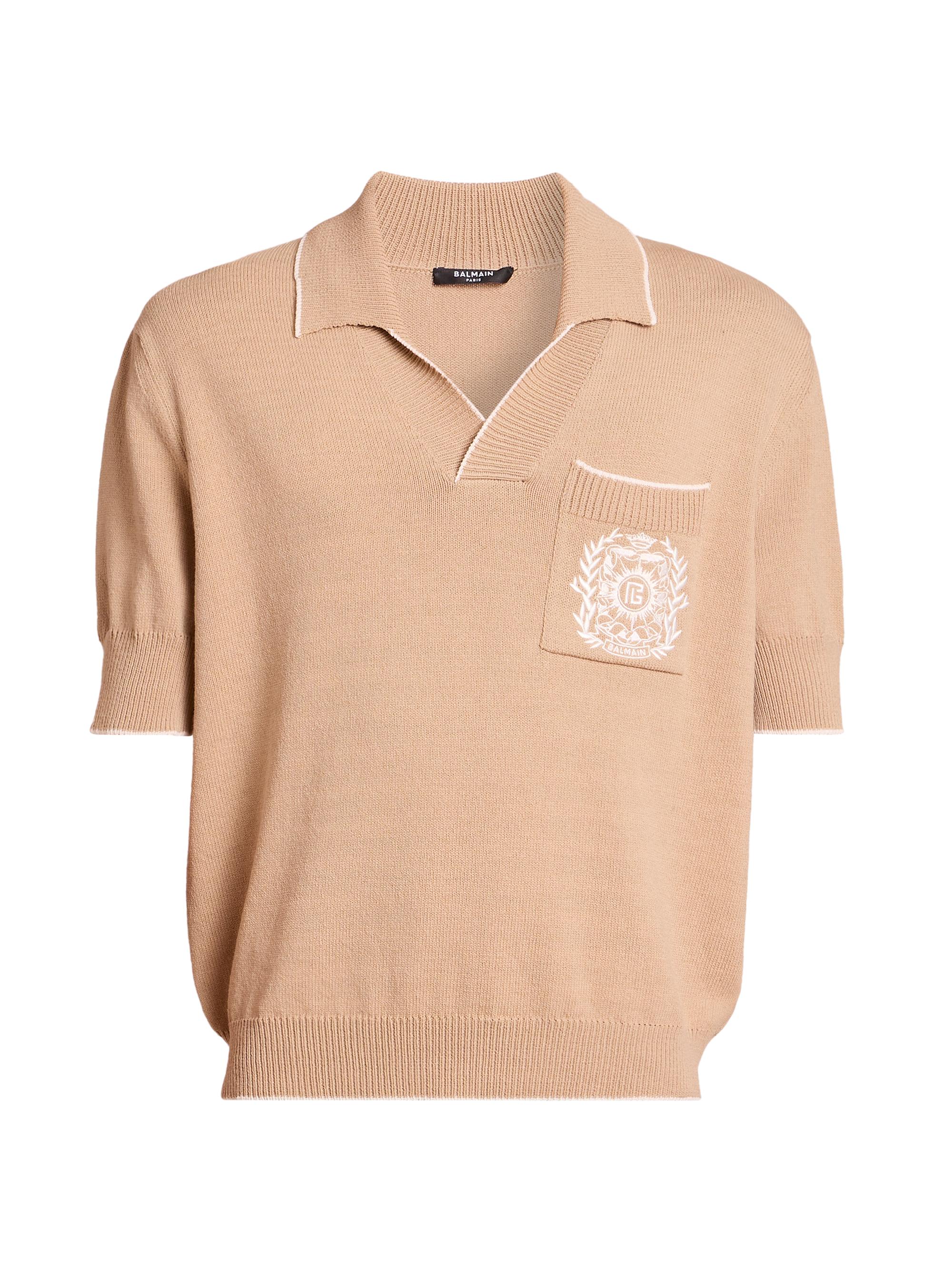 Balmain Men's Emblem Cotton-Blend Polo Shirt - Beige Natural