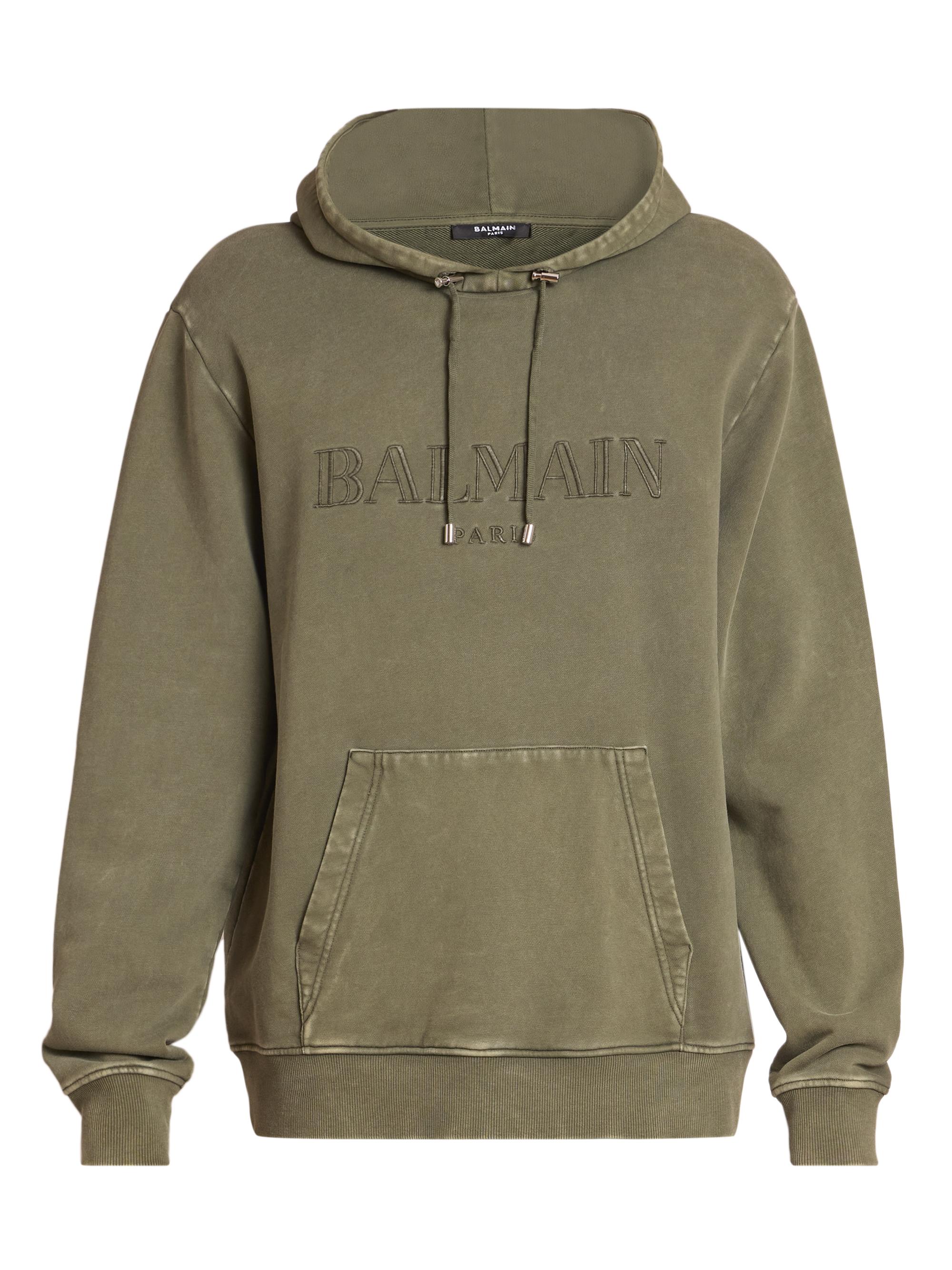 Balmain Men's Embroidered Logo Cotton Hoodie - Kaki