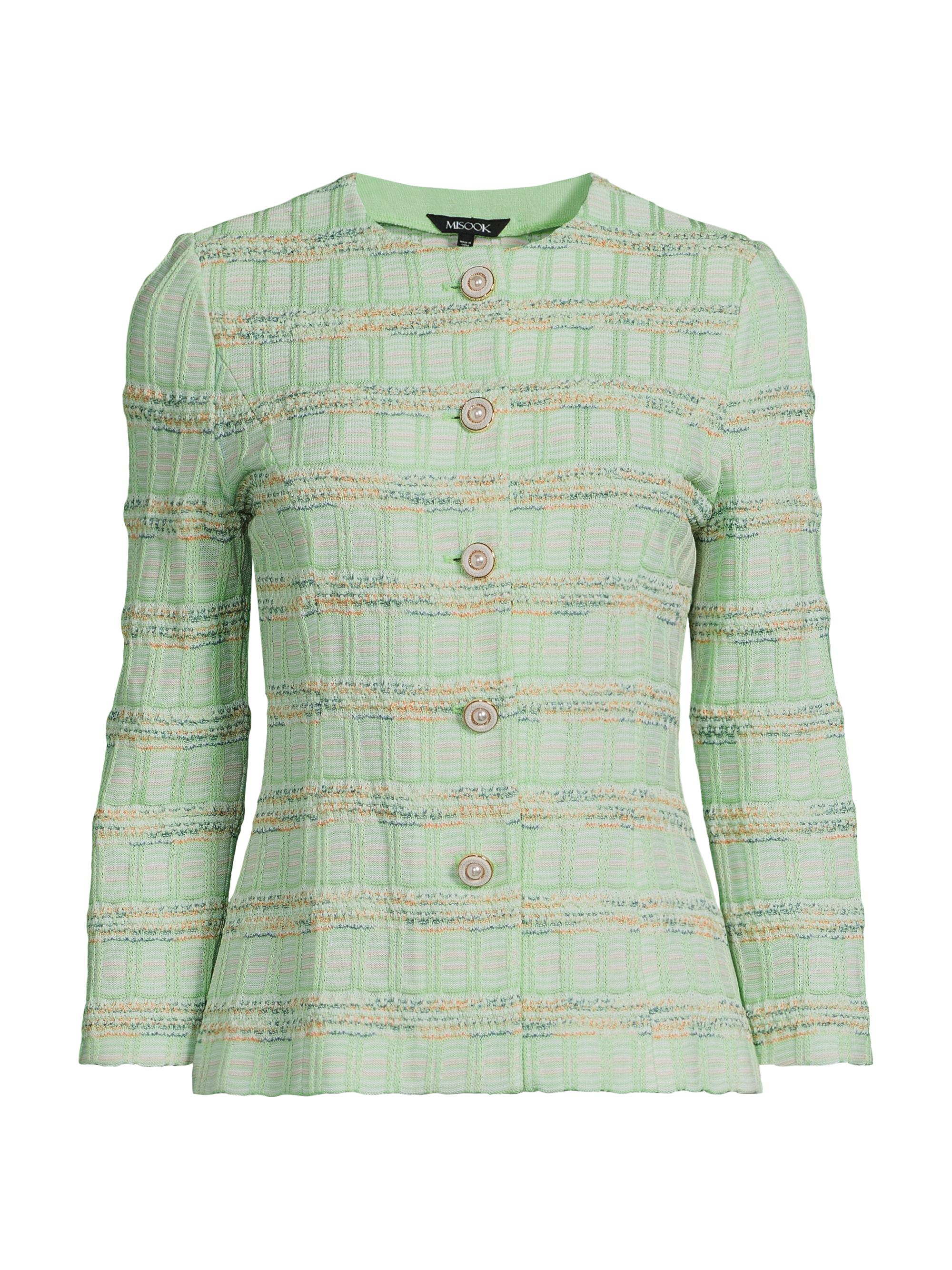 Misook Women's Tailored Soft Plaid Textured Knit Jacket - Paradise Green Amber Glow