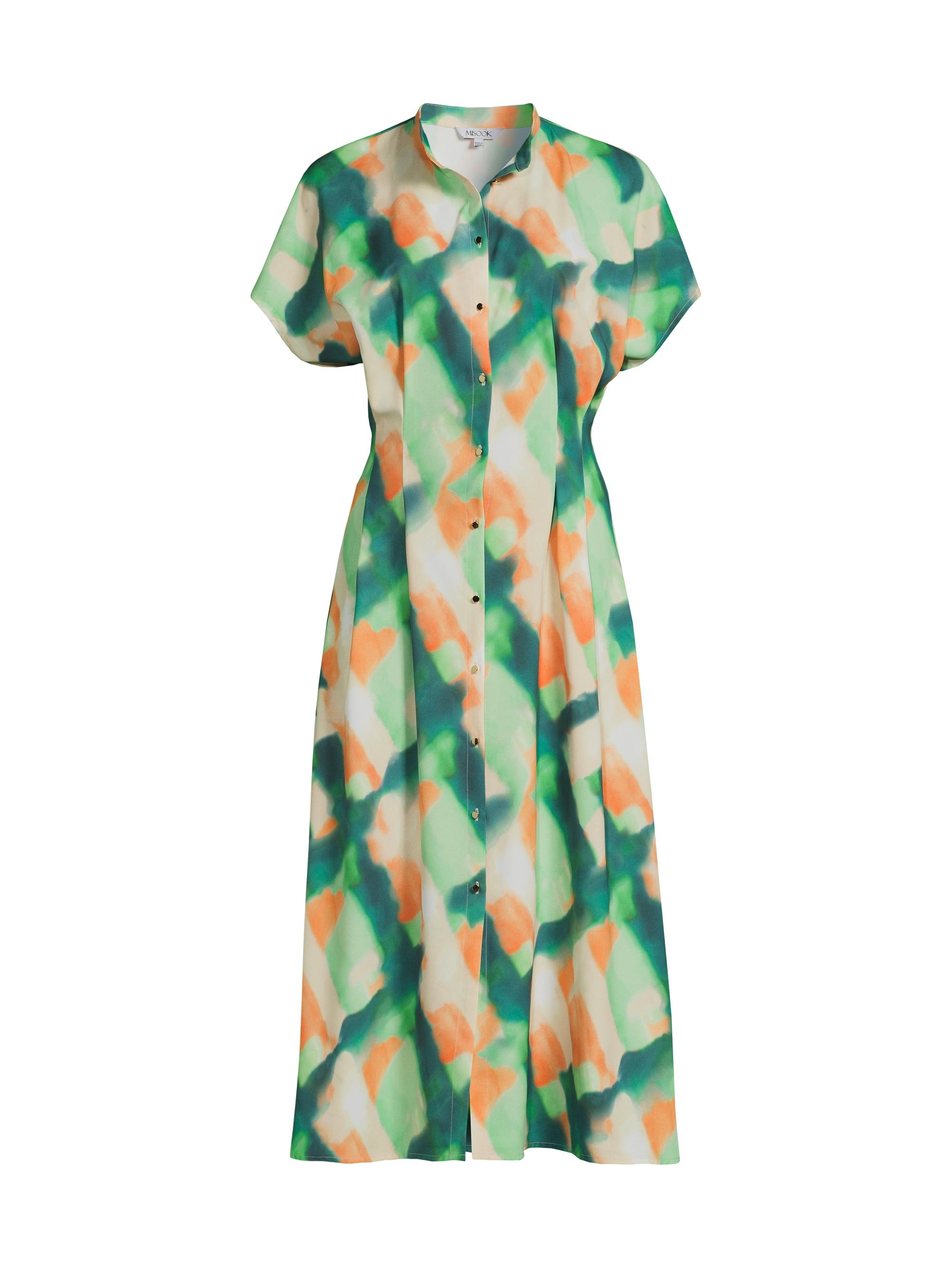 Misook Women's Fit & Flare Crepe De Chine Button-Front Midi-Dress - Paradise Green Amber Glow