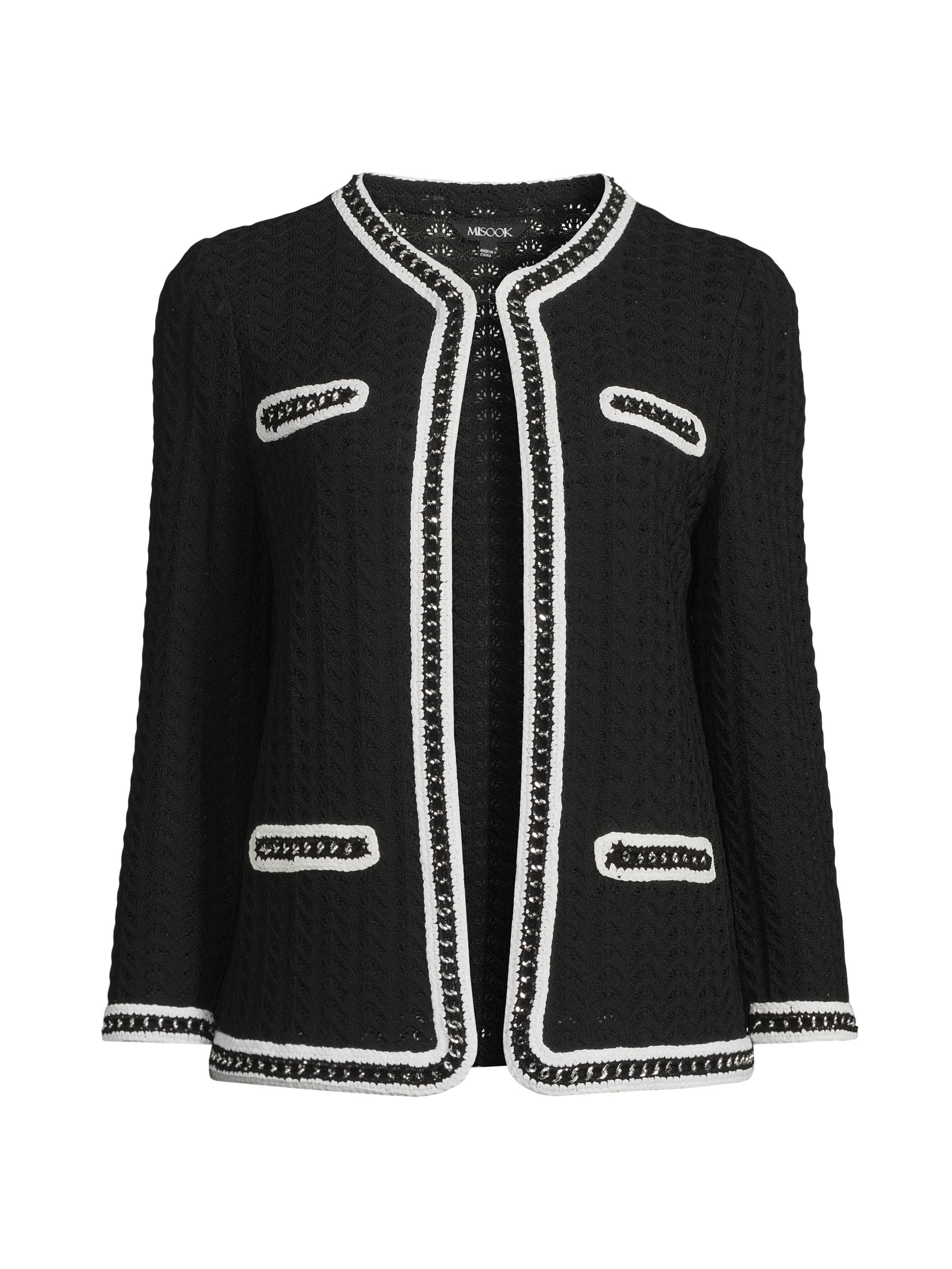 Misook Women's Heritage Chain Trim Pointelle Open Knit Jacket - Black White