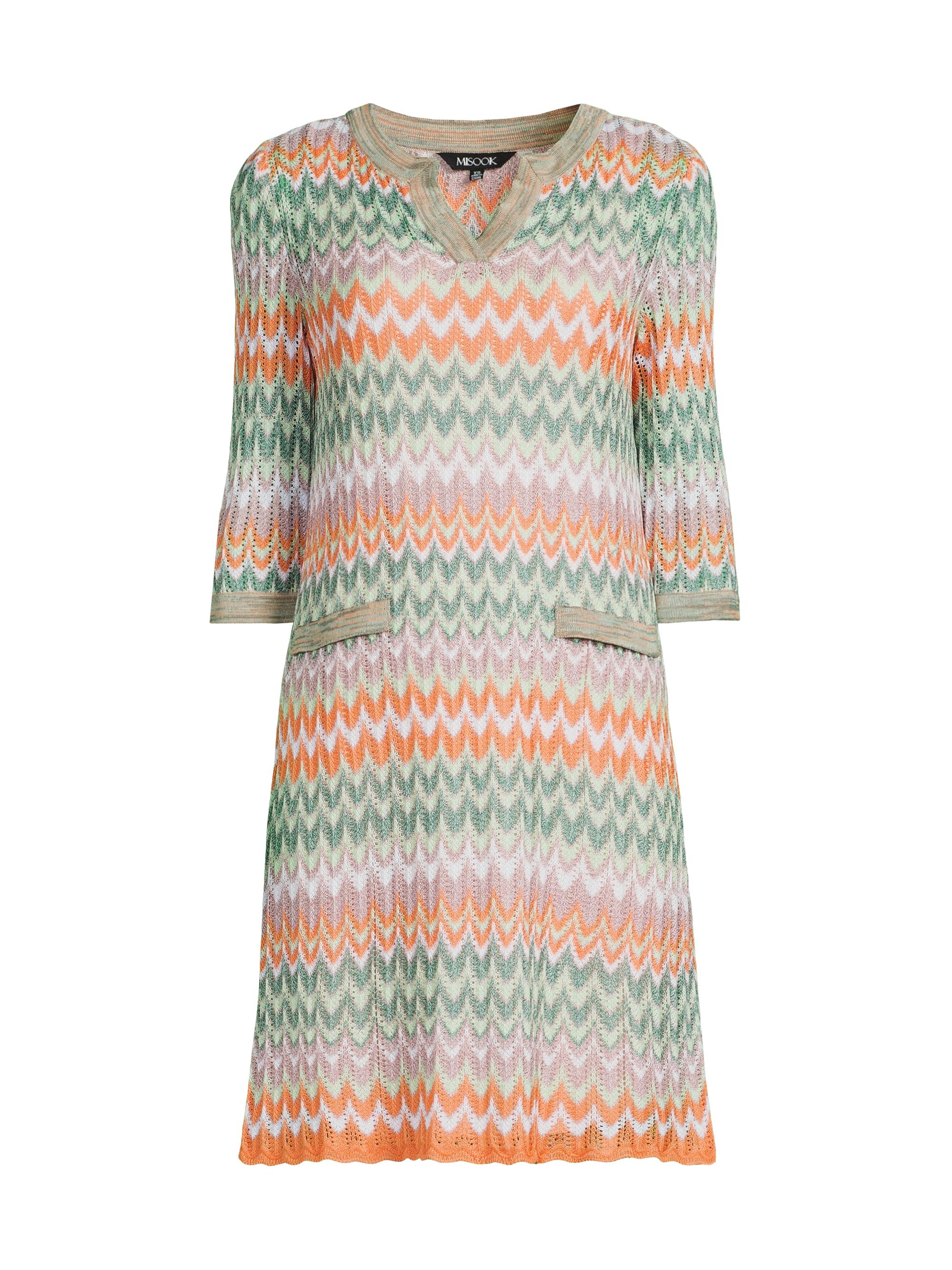 Misook Women's Pointelle Zigzag Lined Knit Shift Dress - Paradise Green Amber Glow