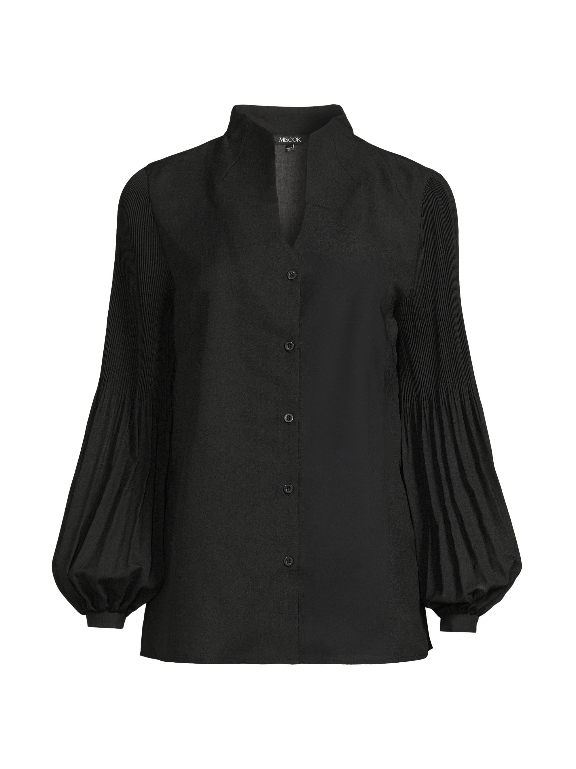 Misook Women's Pleated Stretch-Crêpe Bishop-Sleeve Blouse - Black