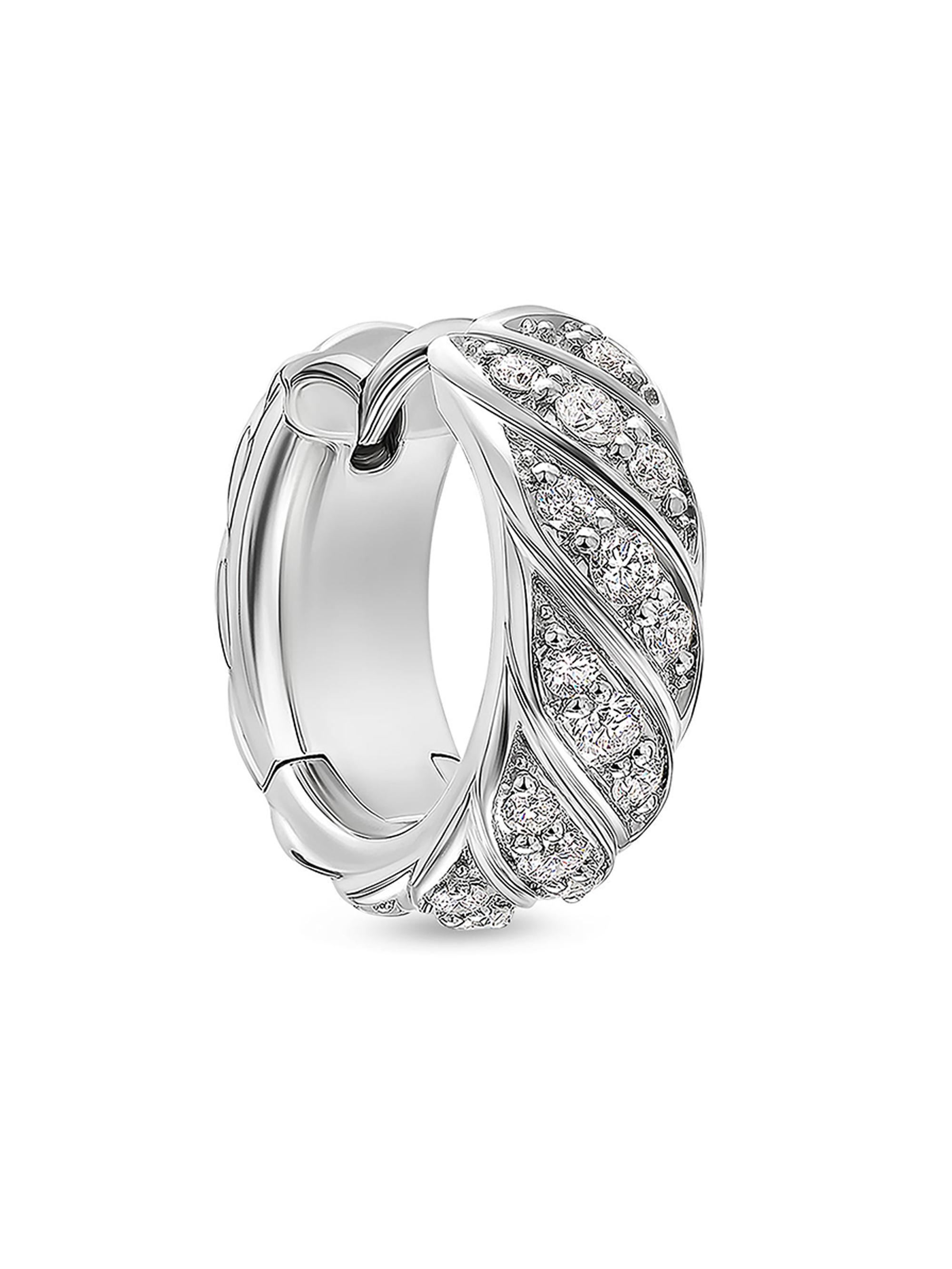 David Yurman Men's Sculpted Cable Hoop Earring in 18K White Gold with Diamonds, 12.8MM - Silver