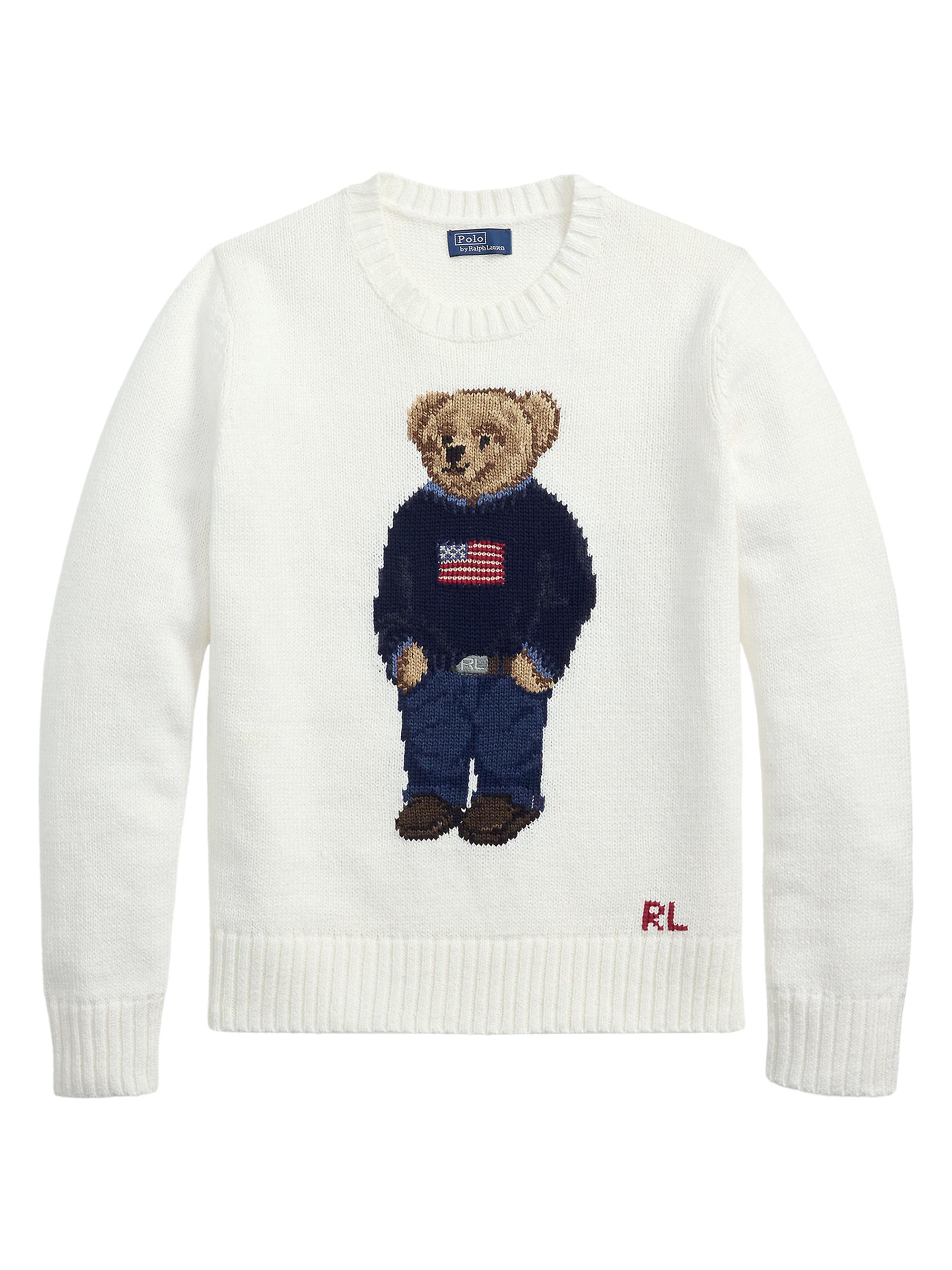Polo Ralph Lauren Women's Polo Bear Intarsia-Knit Linen & Cotton Crewneck Sweater - Deckwash White Multi