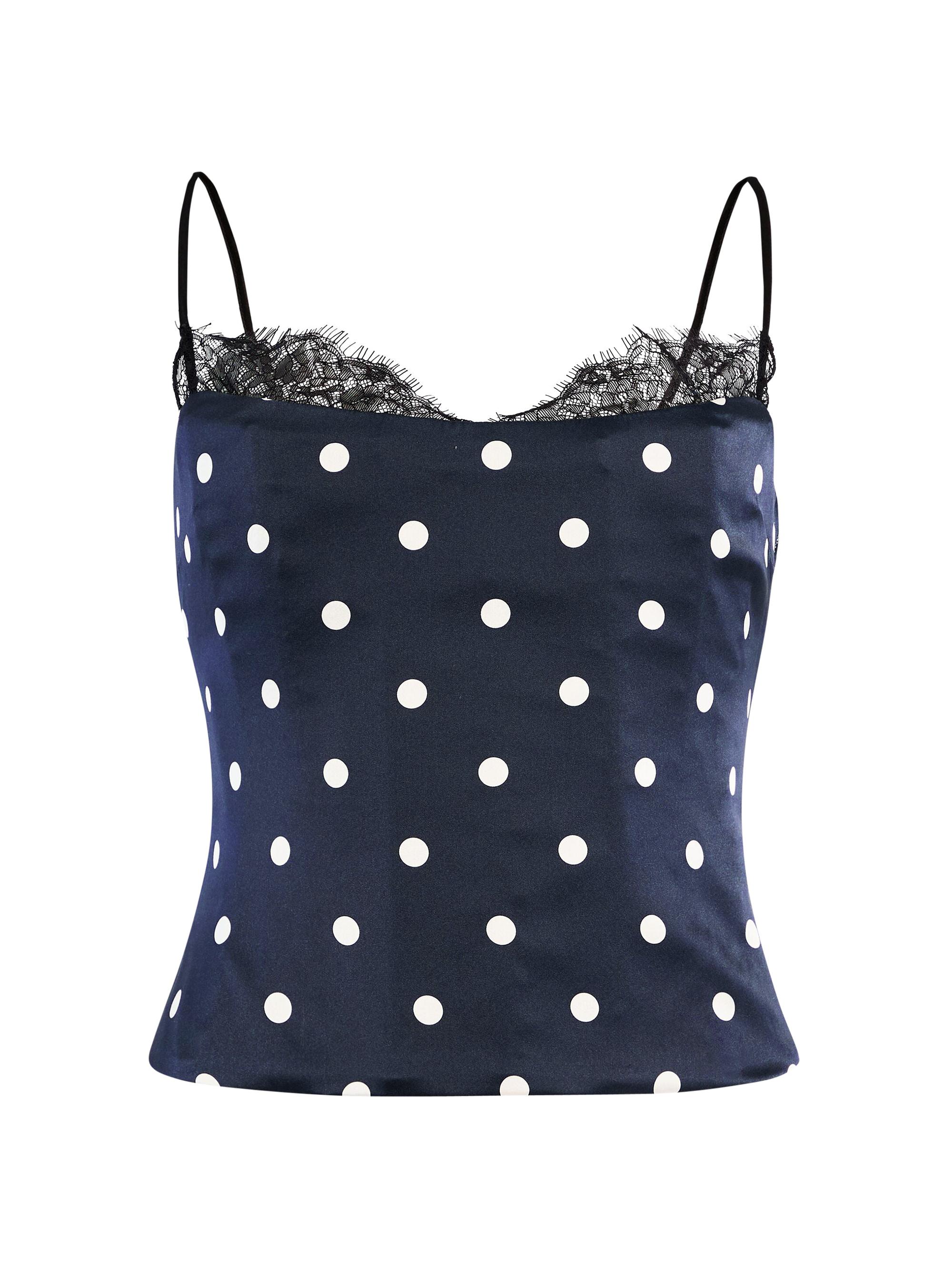 Retrofête Women's Brookelynn Silk Corset Top - Navy Polka Dot