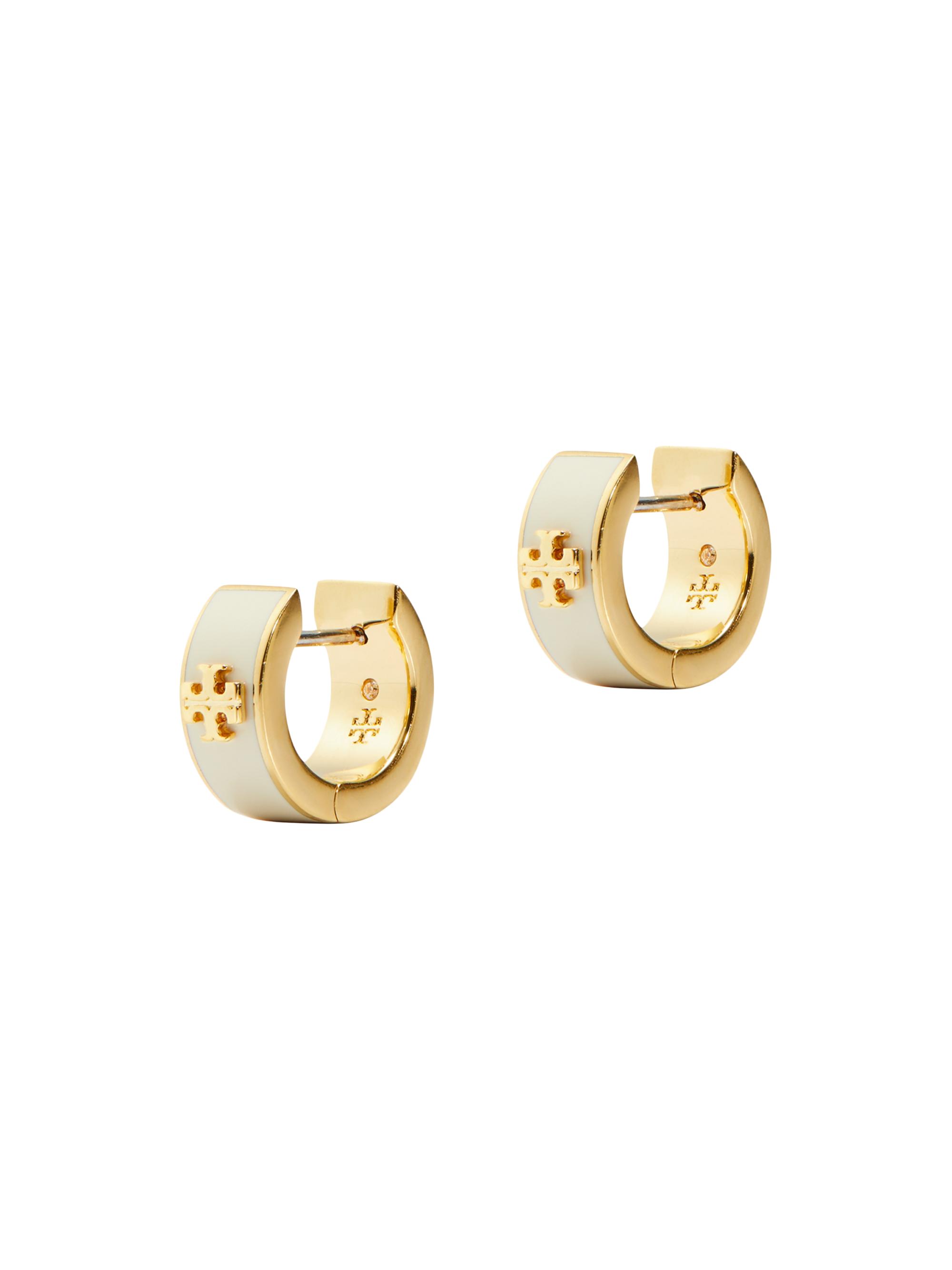 Tory Burch Women's Kira 18K-Gold-Plated, Enamel & Cubic Zirconia Logo Huggie Hoop Earrings - Tory Gold New