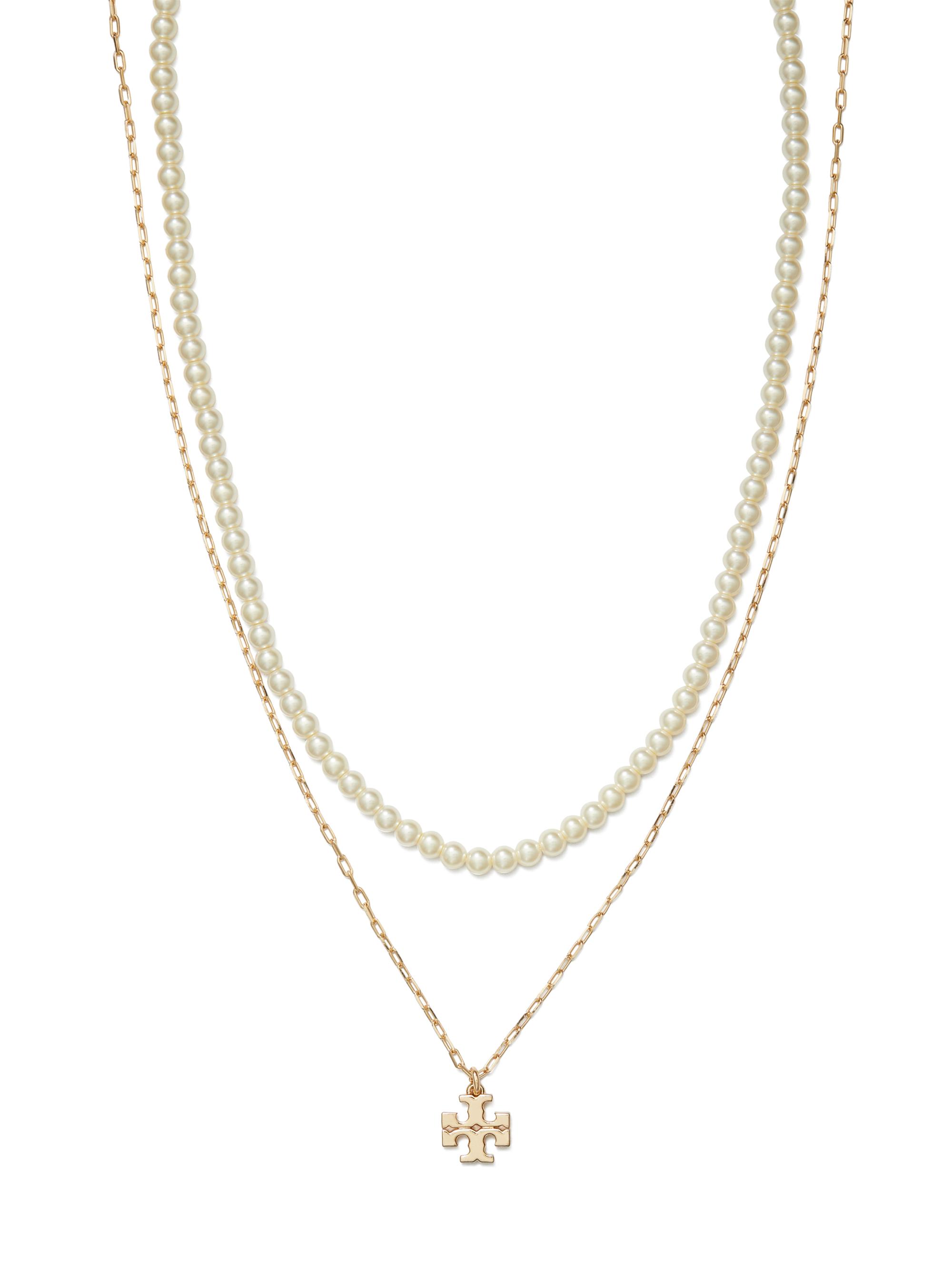 Tory Burch Women's Kira 18K-Gold-Plated & Imitation Pearl Layered Logo Pendant Necklace - Tory Gold Pearl