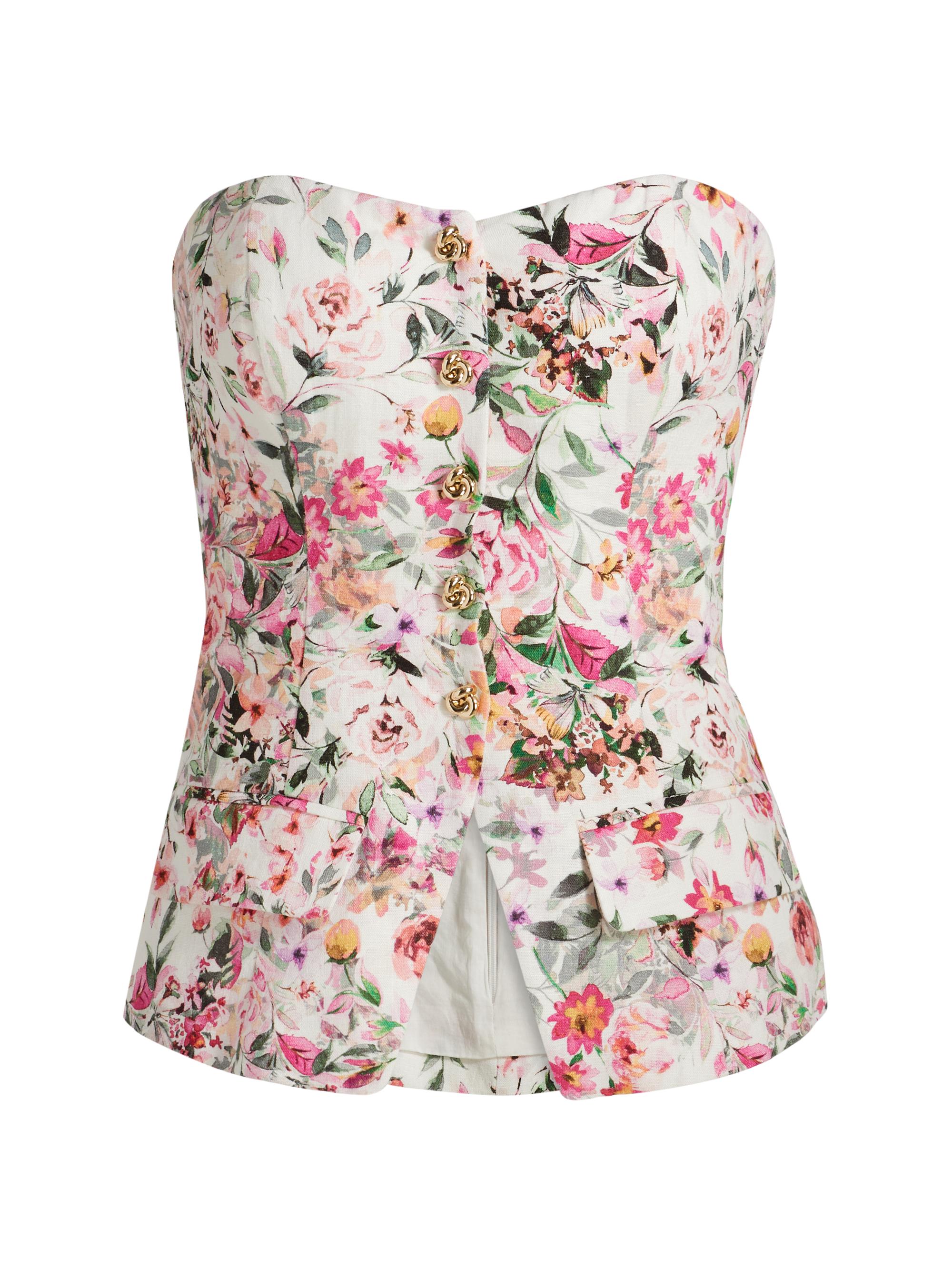 Generation Love Women's Quinn Floral Linen-Blend Strapless Top - Zesty Floral White Pink