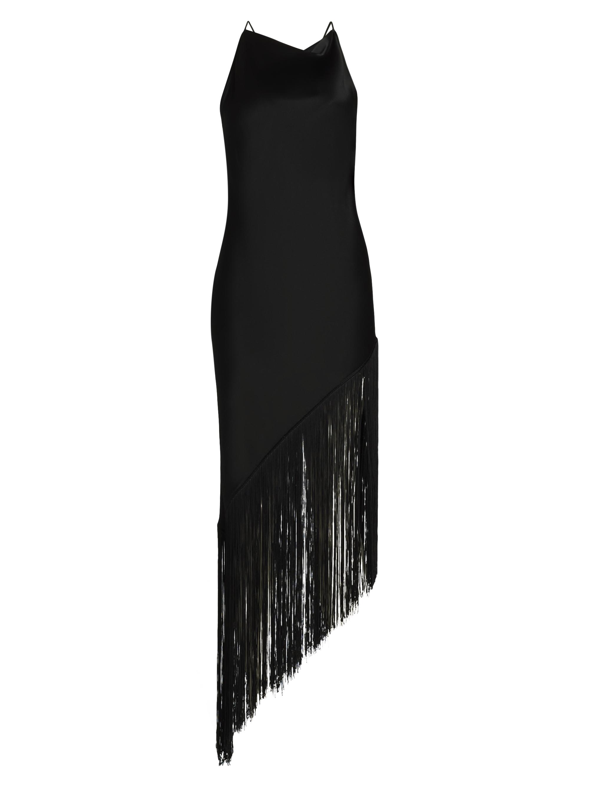 Fringed Satin Cowlneck Midi-Dress