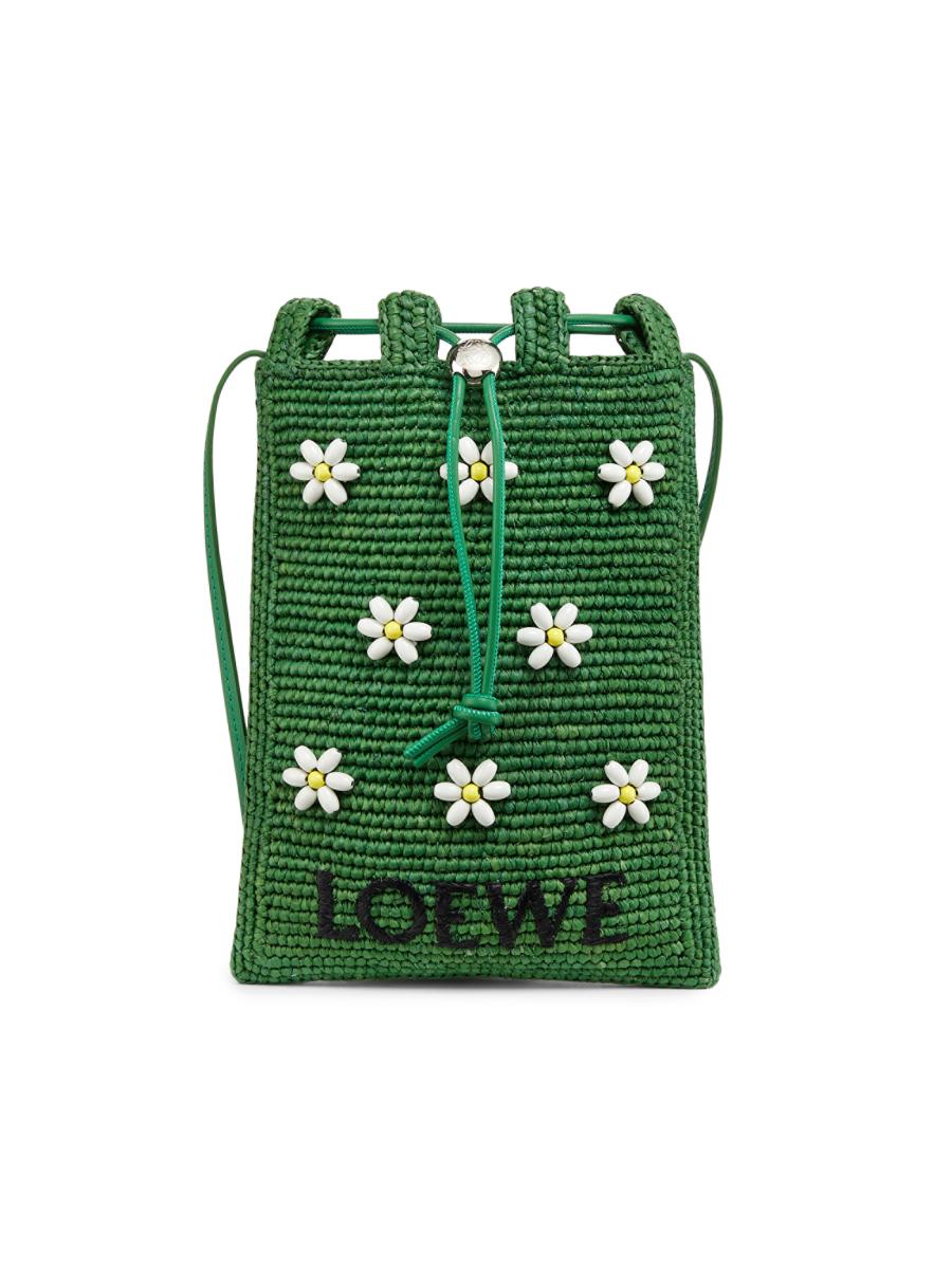 LOEWE × Paula's Ibiza ストラップ付き Flowers グリーンポーチ Paula's Ibiza Flowers pouch with strap in green - Loewe