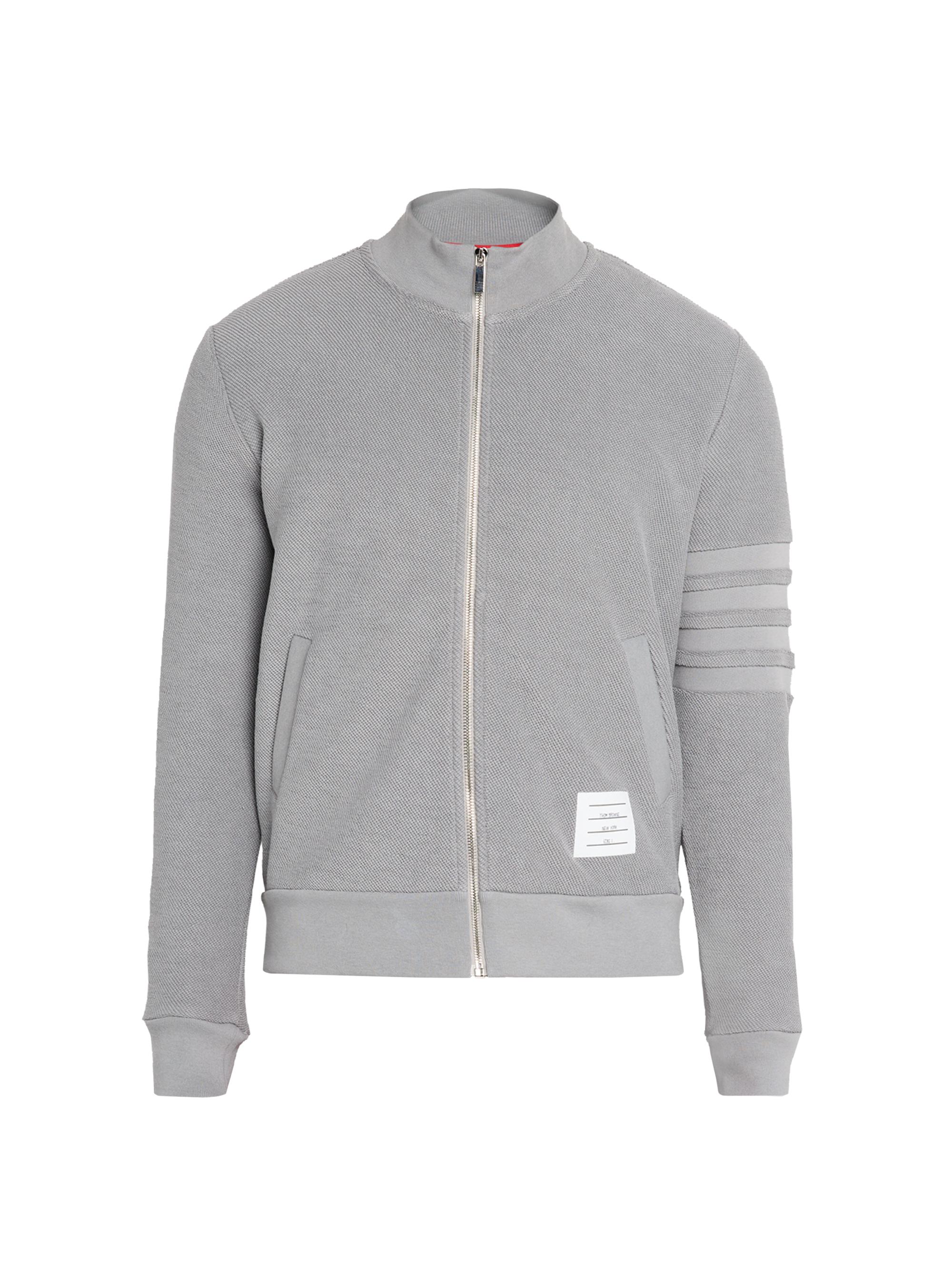Thom Browne Men's 4-Bar Stripe Cotton Full-Zip Funnel Neck Sweater - Light Grey
