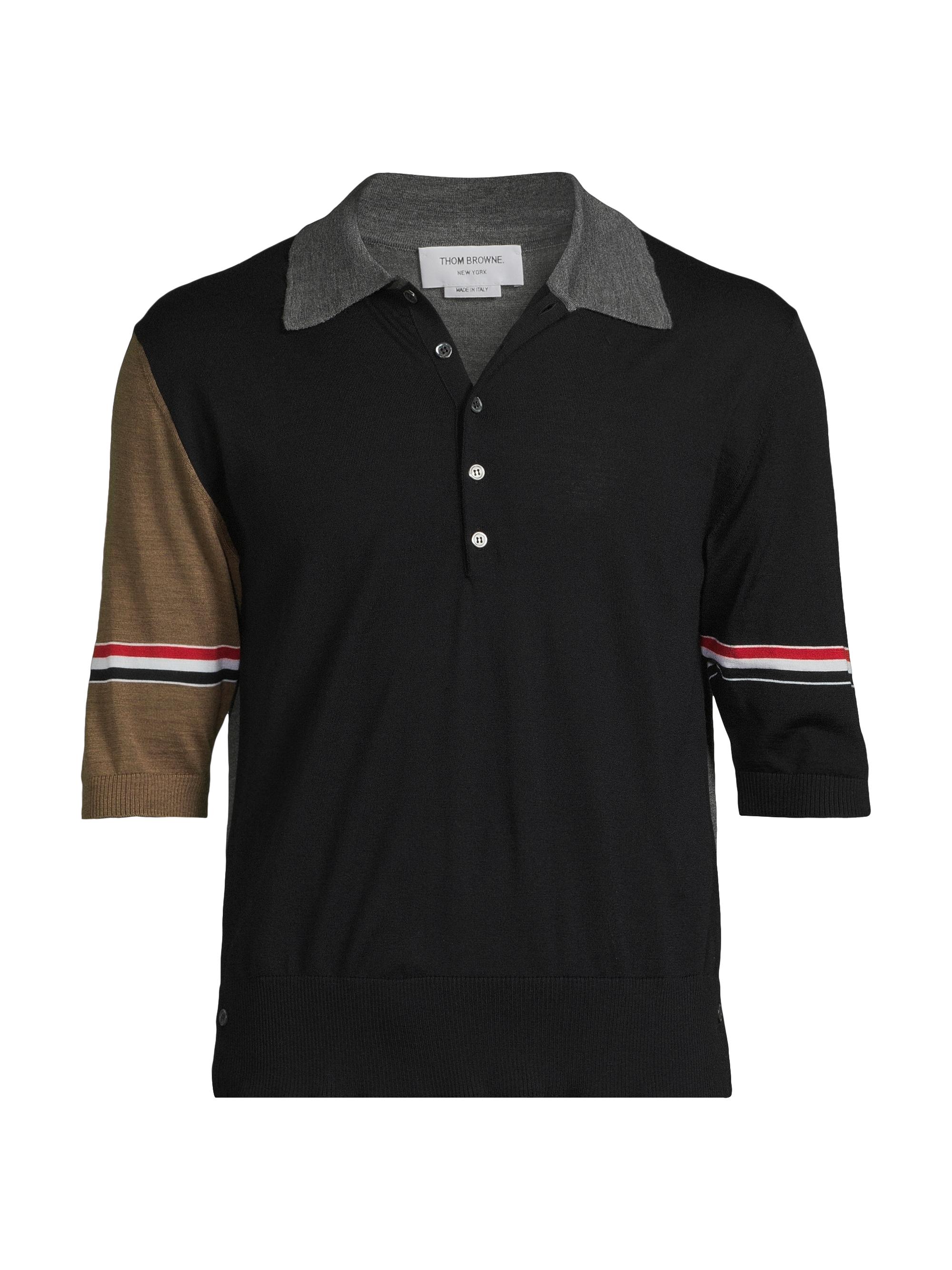 Thom Browne Men's Fun Mix 4-Bar Wool Jersey Polo Shirt - Navy Grey Brown