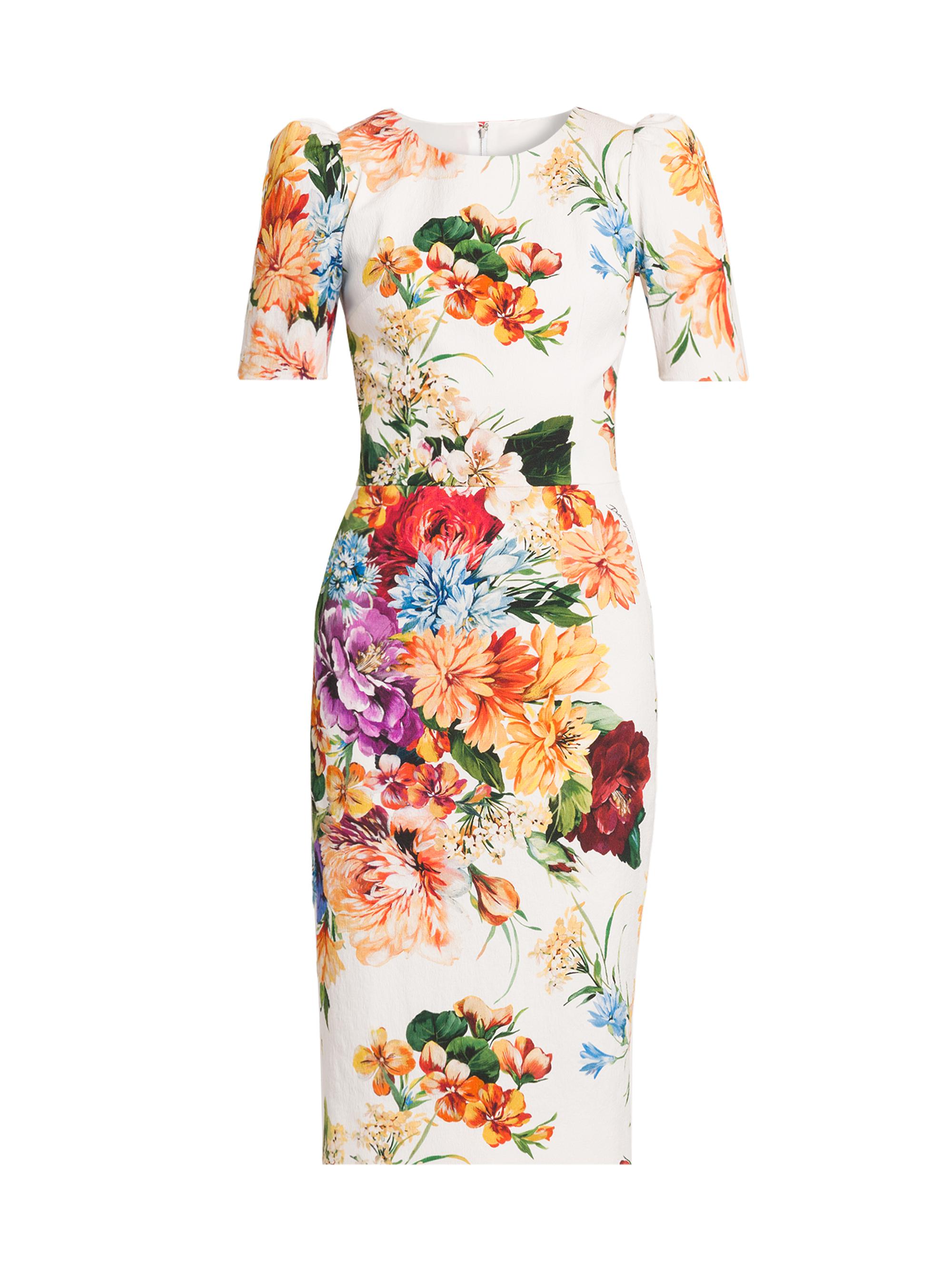 Dolce & Gabbana Women's Rafia Fiori Floral Puff-Sleeve Midi-Dress - White Print Flower