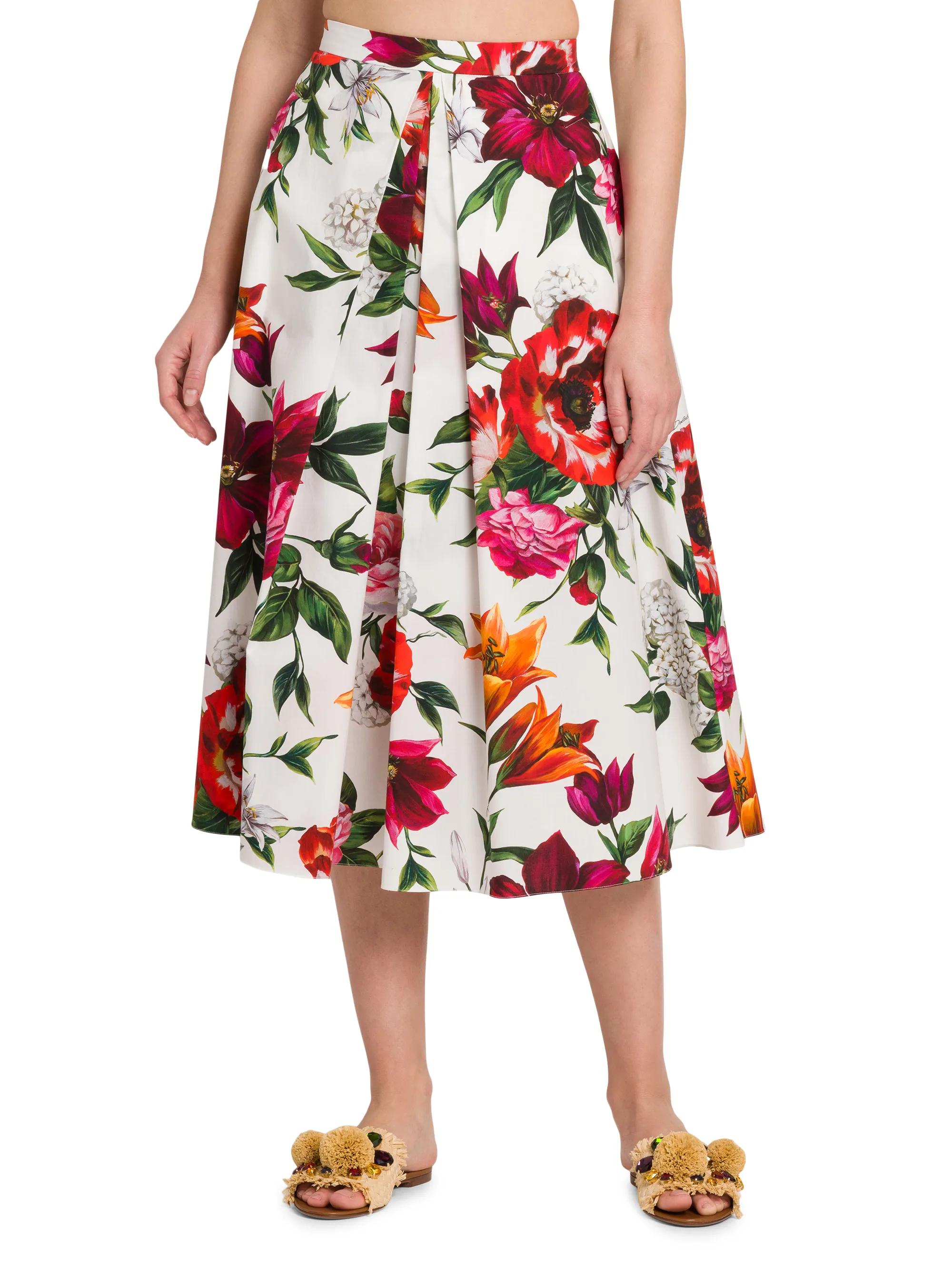 Dolce&Gabbana Rafia Fiori Floral Pleated Cotton Poplin Midi-Skirt