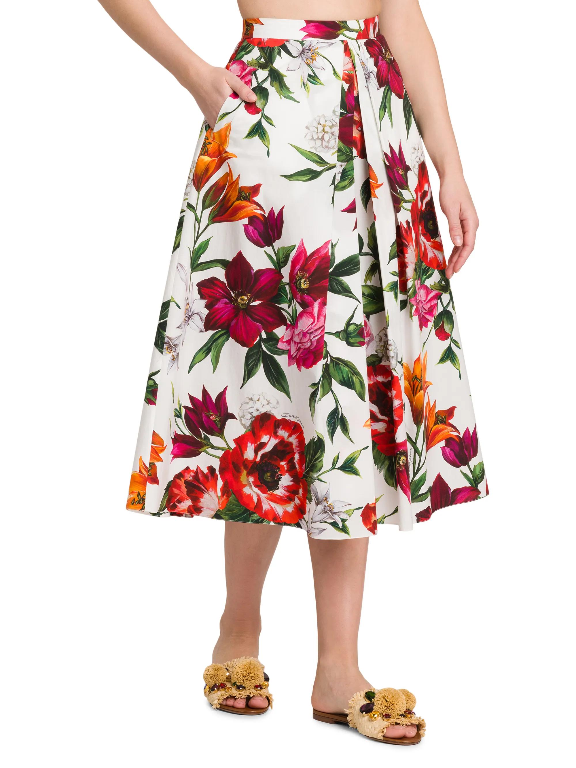 Dolce&Gabbana Rafia Fiori Floral Pleated Cotton Poplin Midi-Skirt