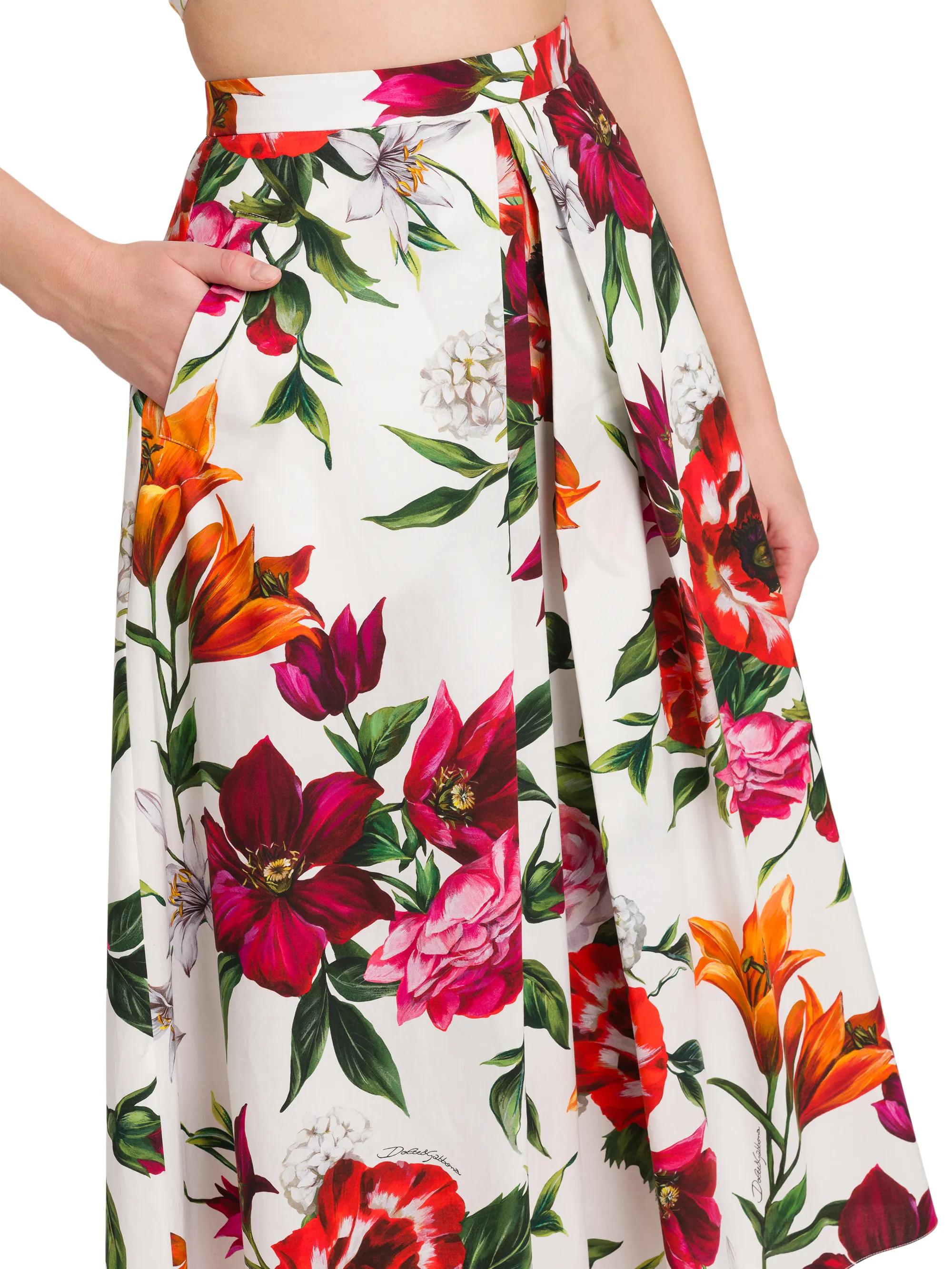 Dolce&Gabbana Rafia Fiori Floral Pleated Cotton Poplin Midi-Skirt