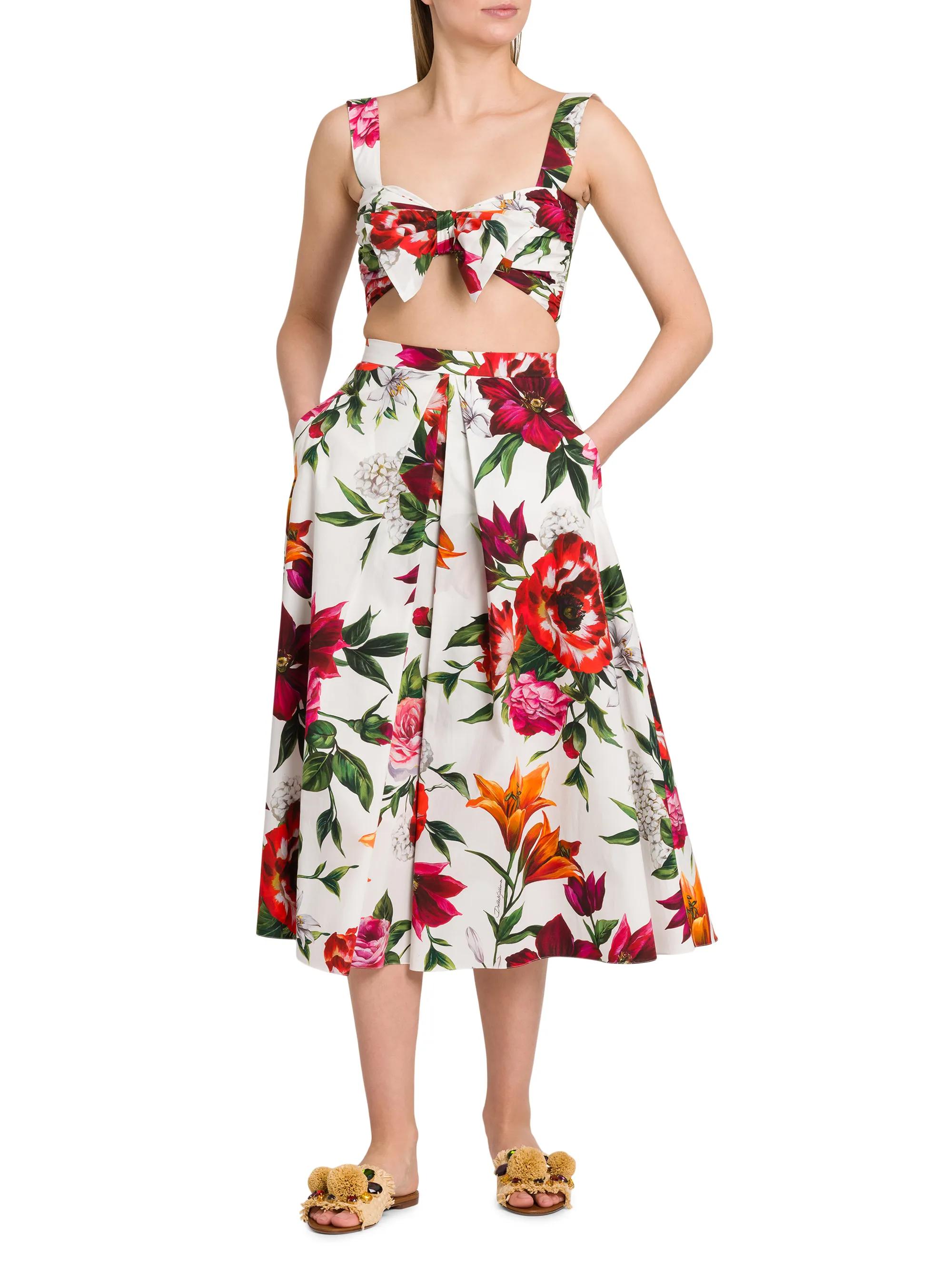 Dolce&Gabbana Rafia Fiori Floral Pleated Cotton Poplin Midi-Skirt