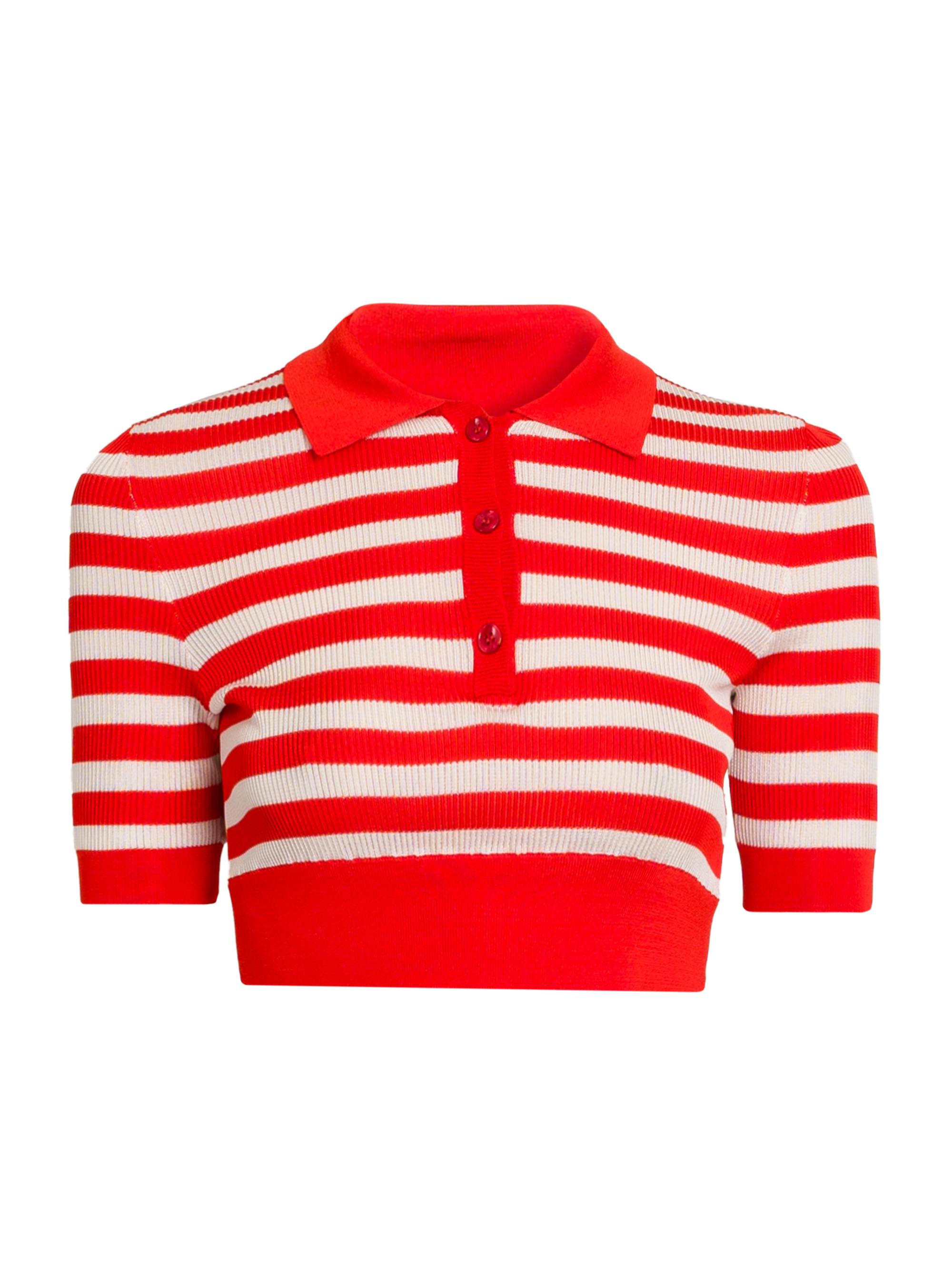 Dolce & Gabbana Women's Rafia Fiori Striped Knit Cropped Polo Top - White Red